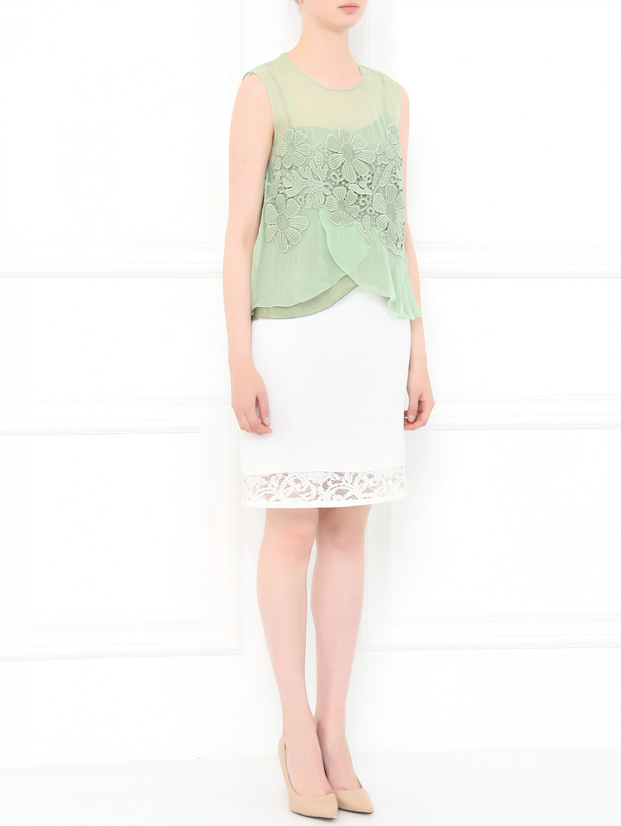 Топ свободного кроя из шелка декорированный вышивкой Alberta Ferretti  –  Модель Общий вид  – Цвет:  Зеленый