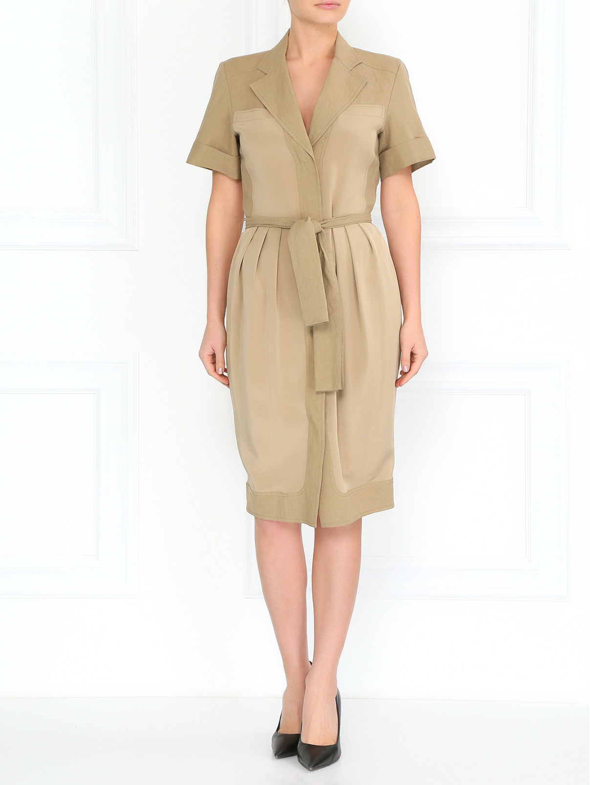 Платье-рубашка с поясом Donna Karan  –  Модель Общий вид  – Цвет:  Бежевый