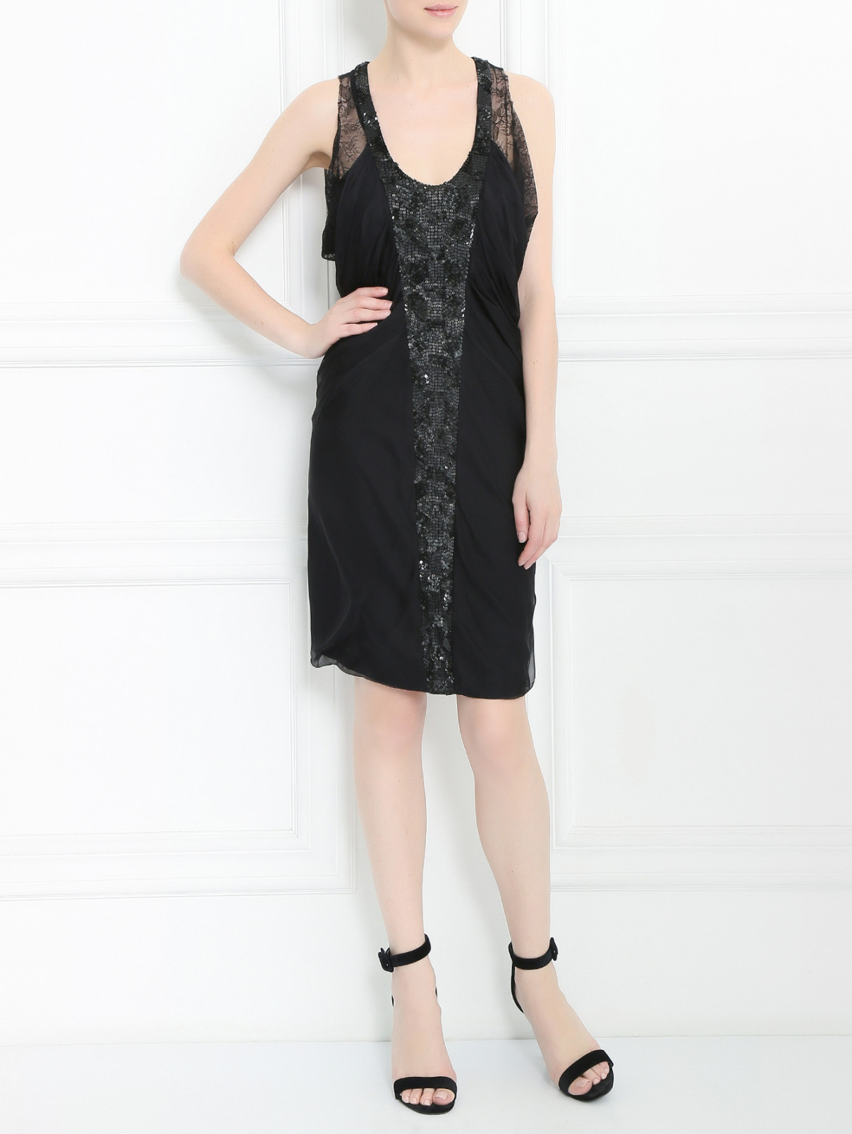 Платье из шелка декорированное пайетками и кружевом La Perla  –  Модель Общий вид  – Цвет:  Черный