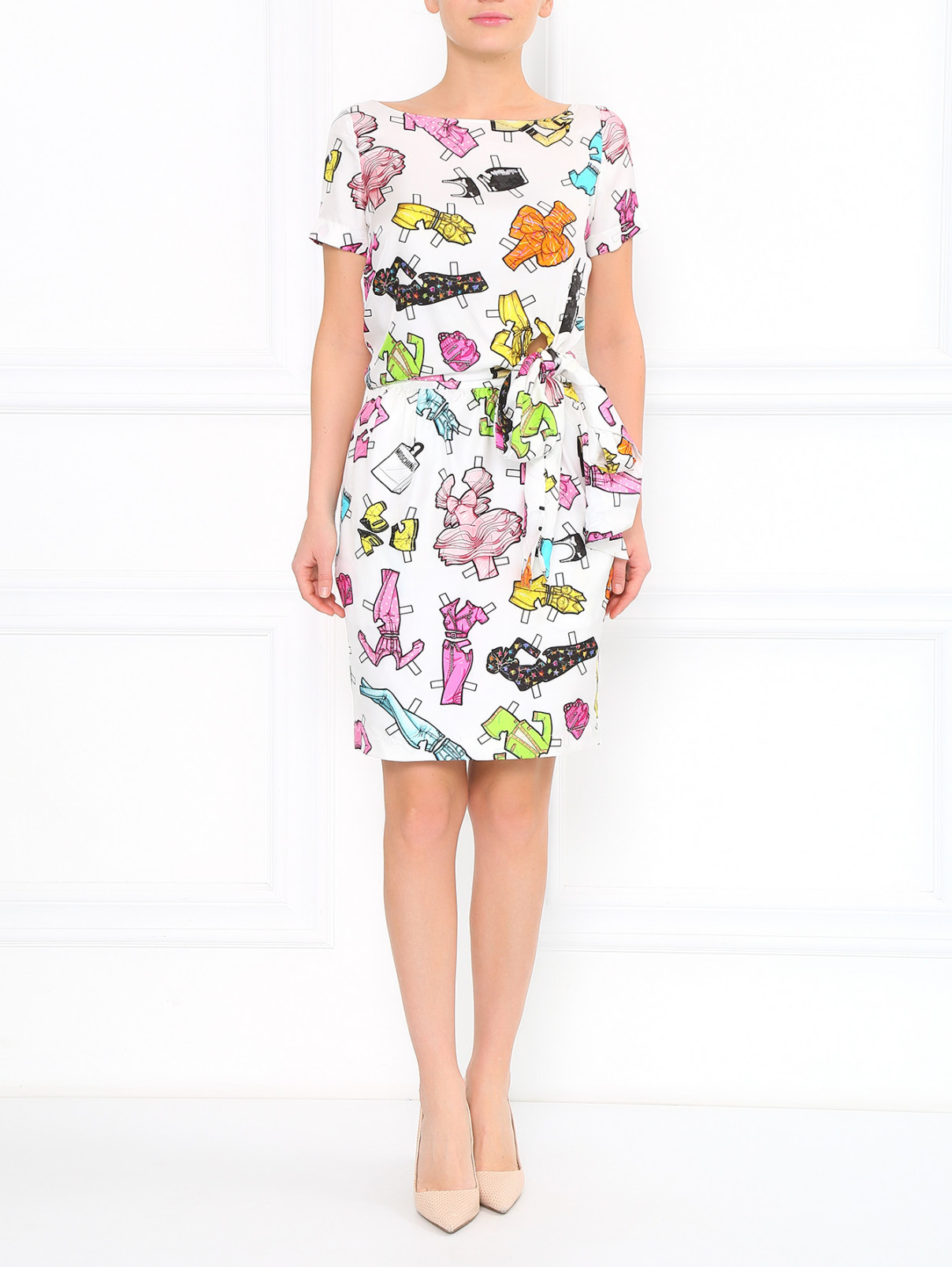 Шелковое платье с принтом Moschino  –  Модель Общий вид  – Цвет:  Белый