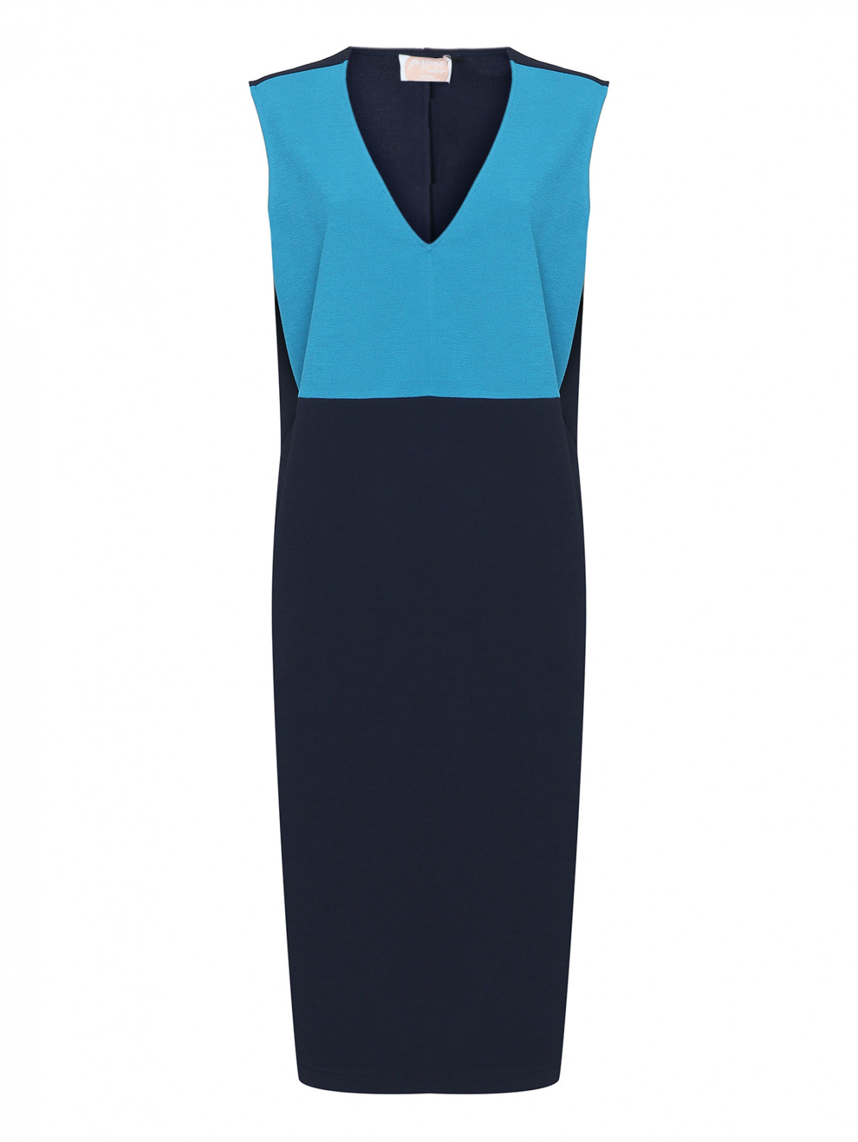 Трикотажное комбинированное платье Persona by Marina Rinaldi  –  Общий вид  – Цвет:  Синий