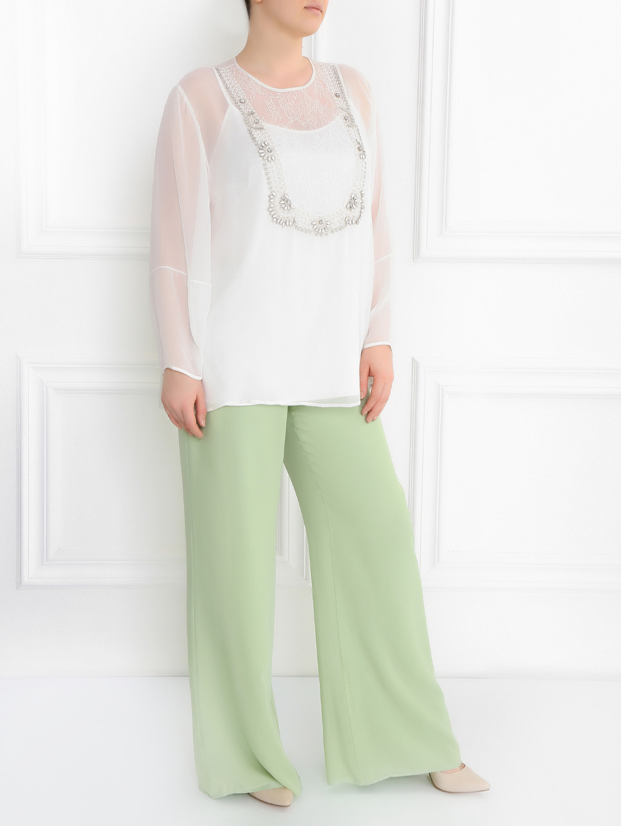 Блуза декорированная стразами и кружевом Marina Rinaldi  –  Модель Общий вид  – Цвет:  Белый