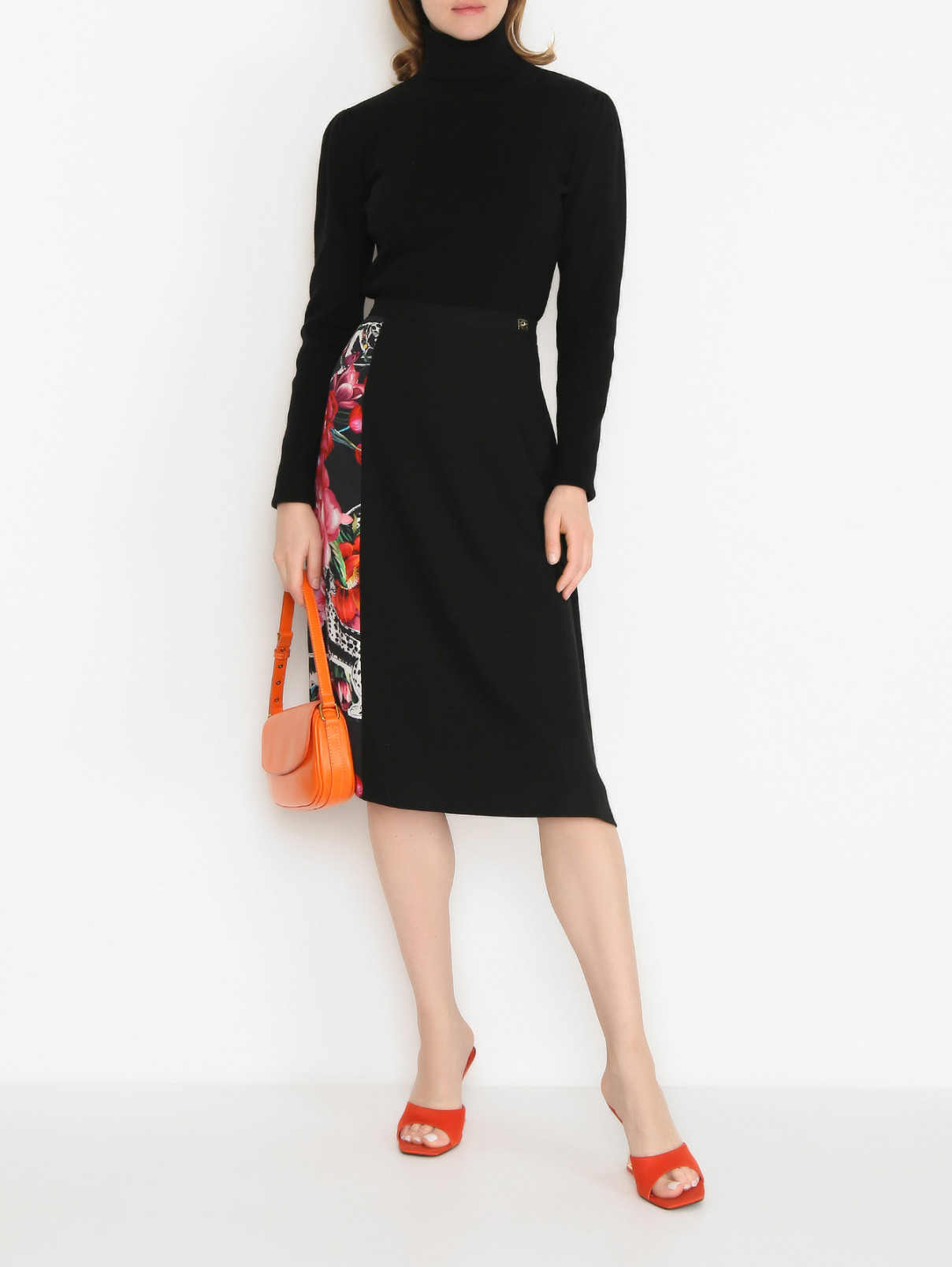 Комбинированная юбка-миди А-силуэта Cavalli class  –  МодельОбщийВид  – Цвет:  Черный