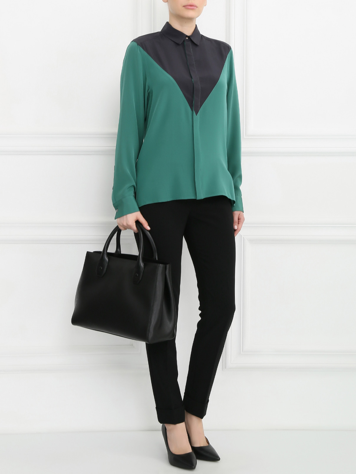 Блуза из шелка с контрастной вставкой Kenzo  –  Модель Общий вид  – Цвет:  Зеленый