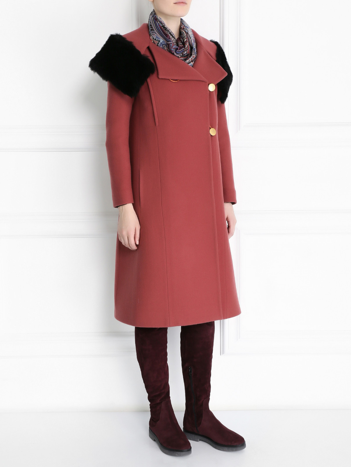 Пальто из шерсти прямого кроя с отделкой из меха Paul Smith  –  Модель Общий вид  – Цвет:  Красный