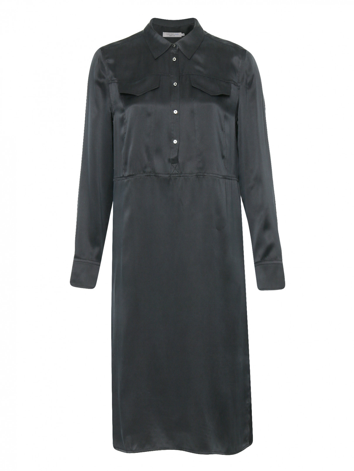 Платье-миди из шелка прямого кроя с карманами Calvin Klein  –  Общий вид  – Цвет:  Серый