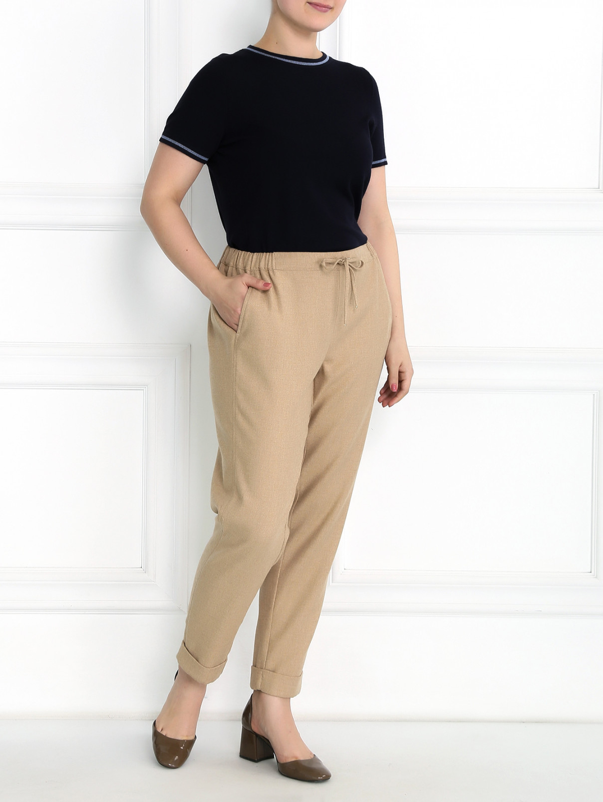 Укороченные брюки из смешанной шерсти на резинке Marina Sport  –  Модель Общий вид  – Цвет:  Бежевый