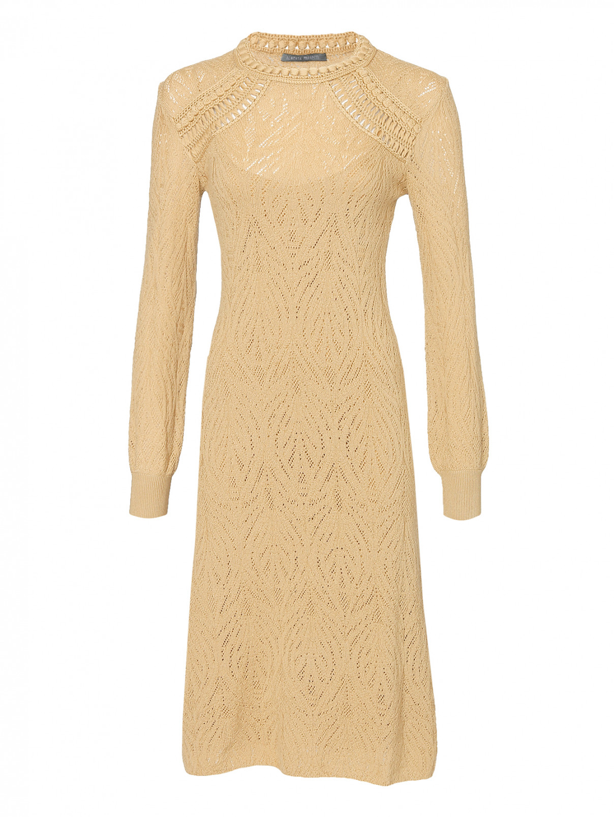 Трикотажное платье из шерсти ажурной вязки Alberta Ferretti  –  Общий вид  – Цвет:  Бежевый