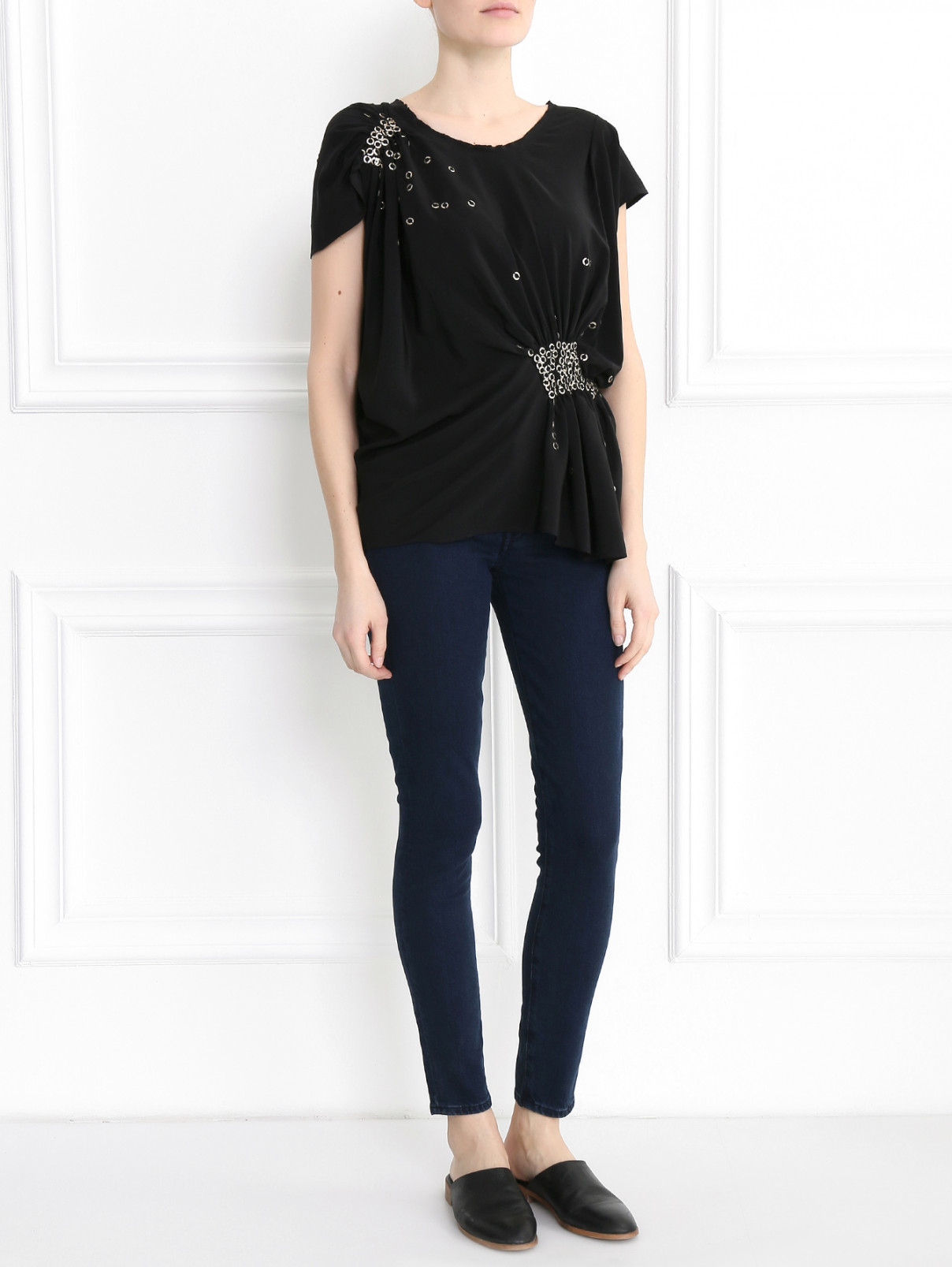 Блуза с драпировкой и металлическим декором Barbara Bui  –  Модель Общий вид  – Цвет:  Черный