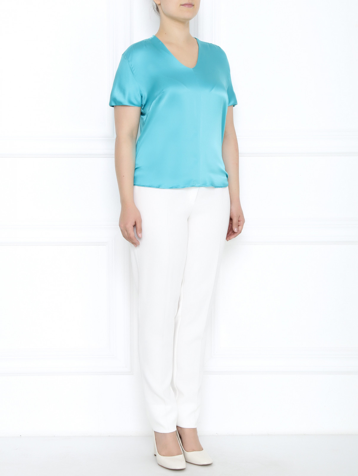 Блуза из шелка с коротким рукавом Marina Rinaldi  –  Модель Общий вид  – Цвет:  Зеленый