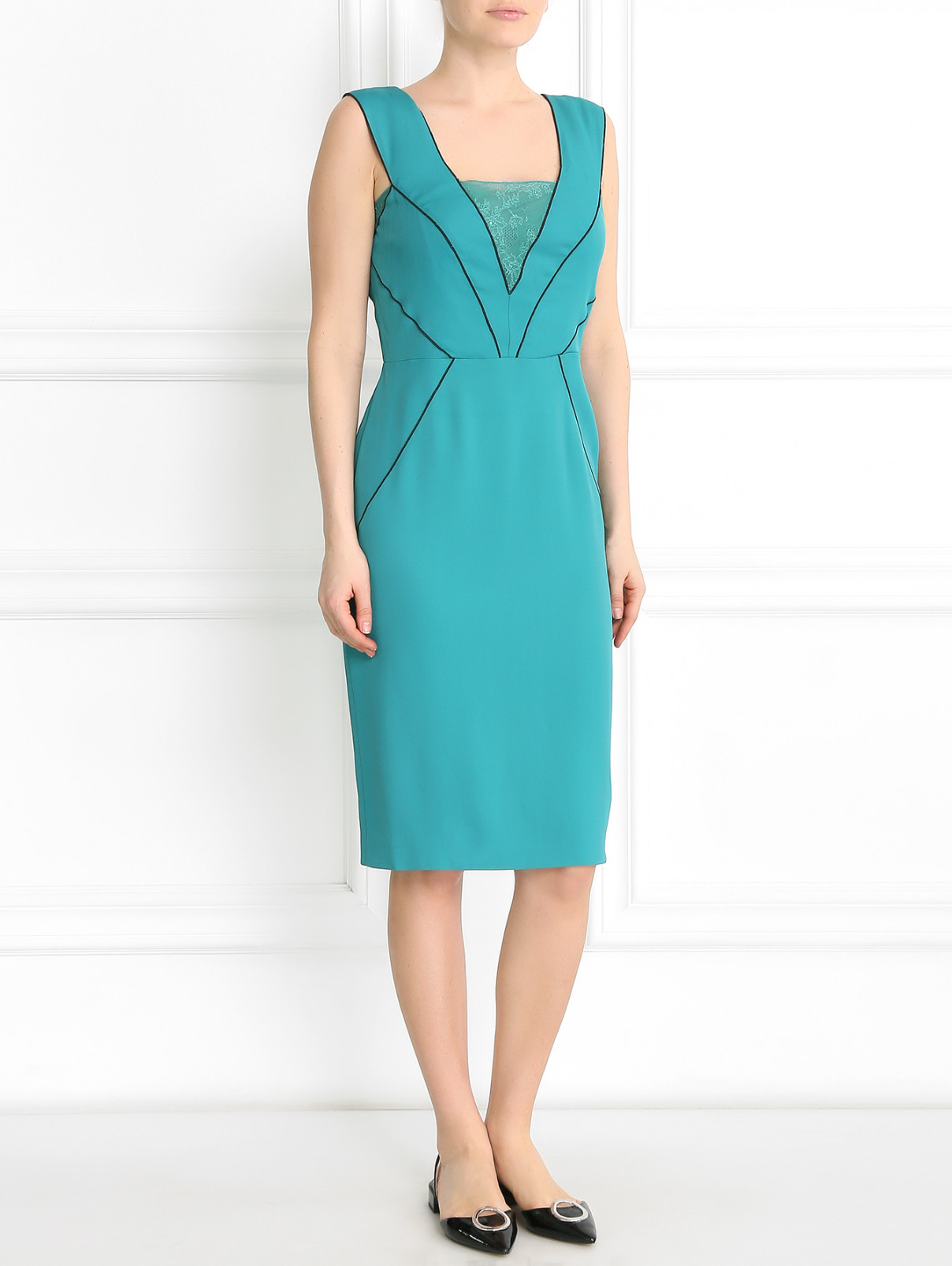 Платье с контрастной окантовкой и вставкой из кружева Alberta Ferretti  –  Модель Общий вид  – Цвет:  Зеленый