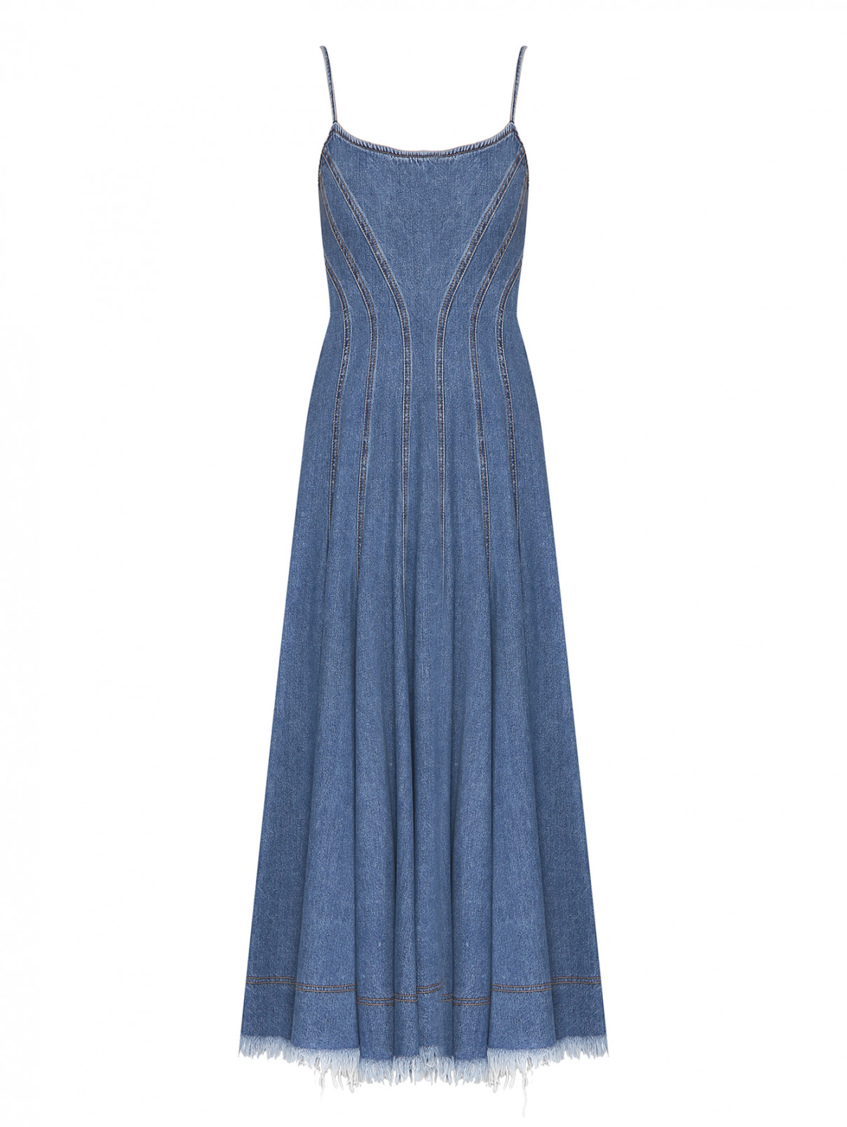 Платье из денима расклешенного кроя с бахромой Sportmax  –  Общий вид  – Цвет:  Синий