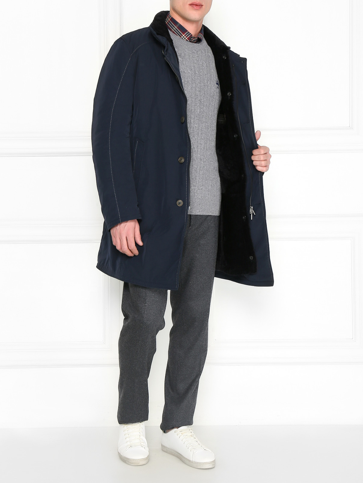 Удлиненная куртка с вставками из кожи и отстегивающимся подкладом Gimo'S  –  Модель Общий вид  – Цвет:  Синий