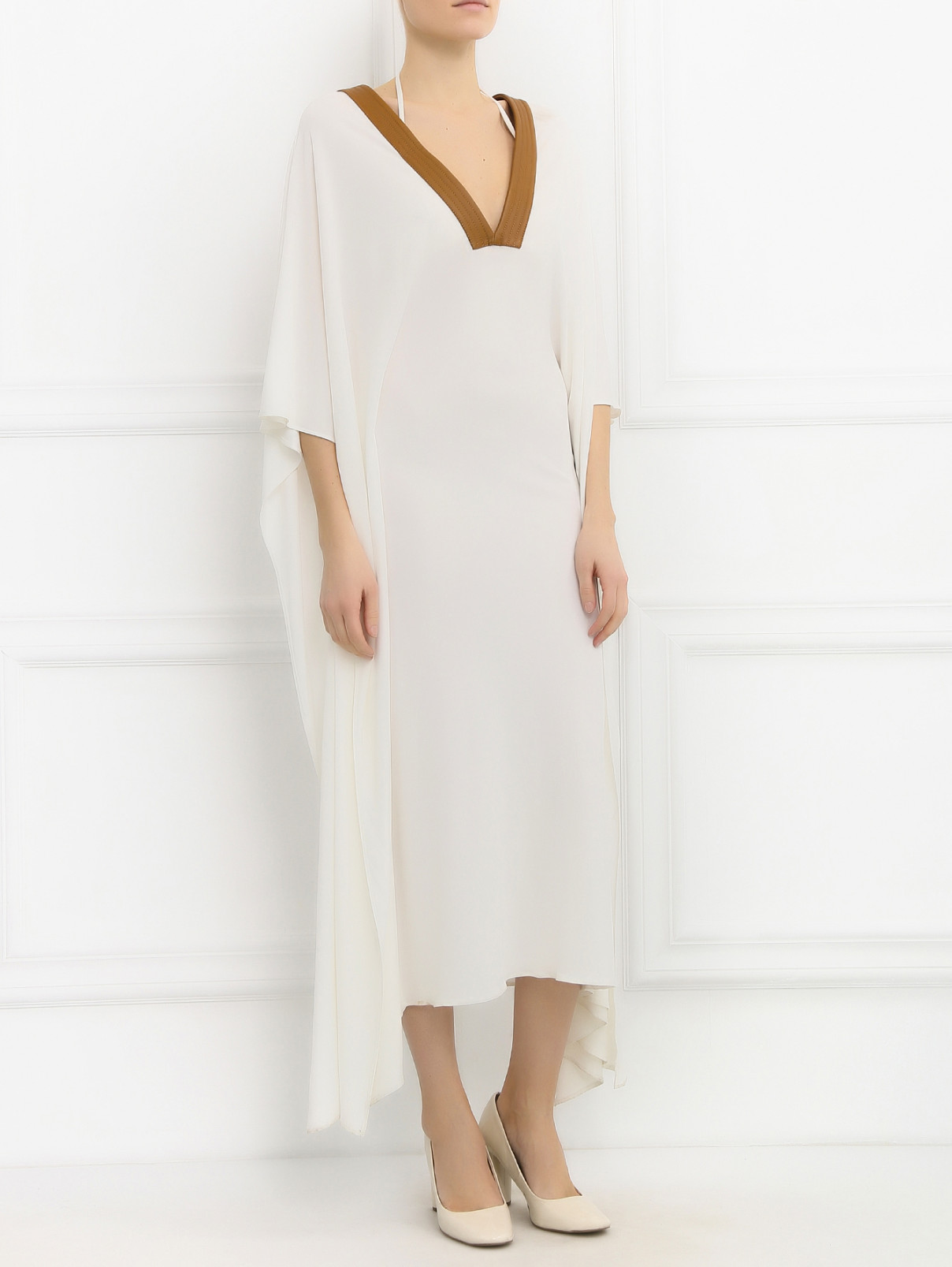 Платье-макси с кожаной отделкой Barbara Bui  –  Модель Общий вид  – Цвет:  Белый