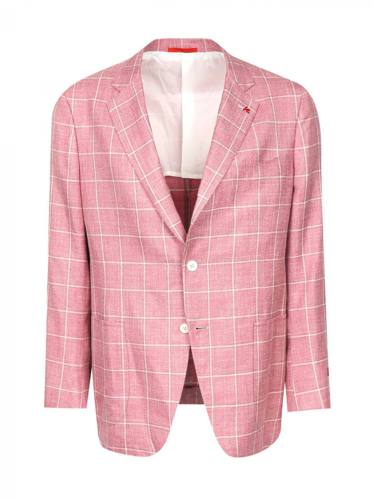 Пиджак однобортный из шерсти с узором "клетка" Isaia  –  Общий вид  – Цвет:  Розовый