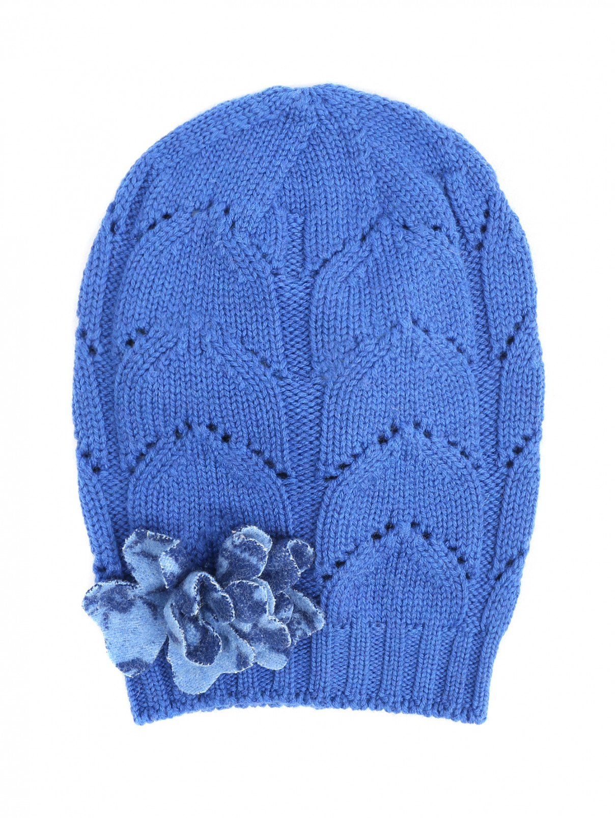 Шапка из шерсти ажурной вязки с цветочным декором MiMiSol  –  Общий вид  – Цвет:  Синий
