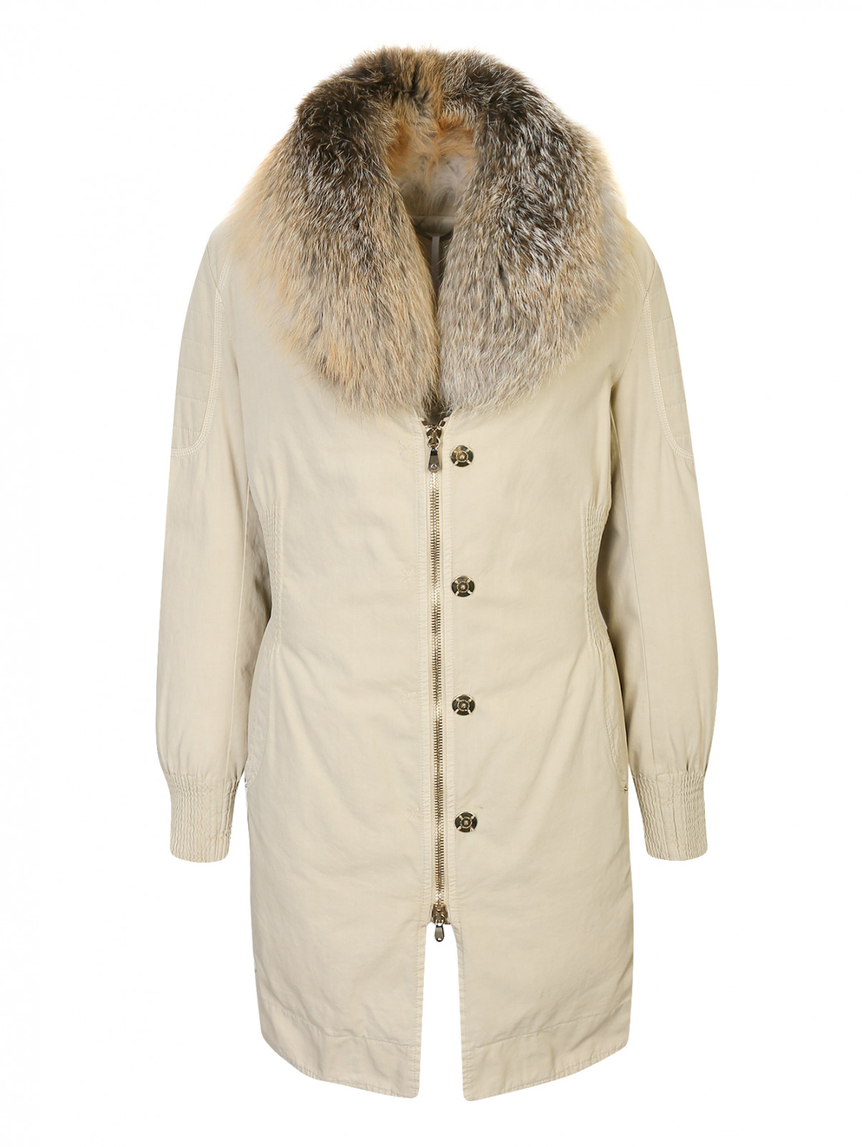 Утепленное пальто с меховой отделкой Ermanno Scervino  –  Общий вид  – Цвет:  Бежевый