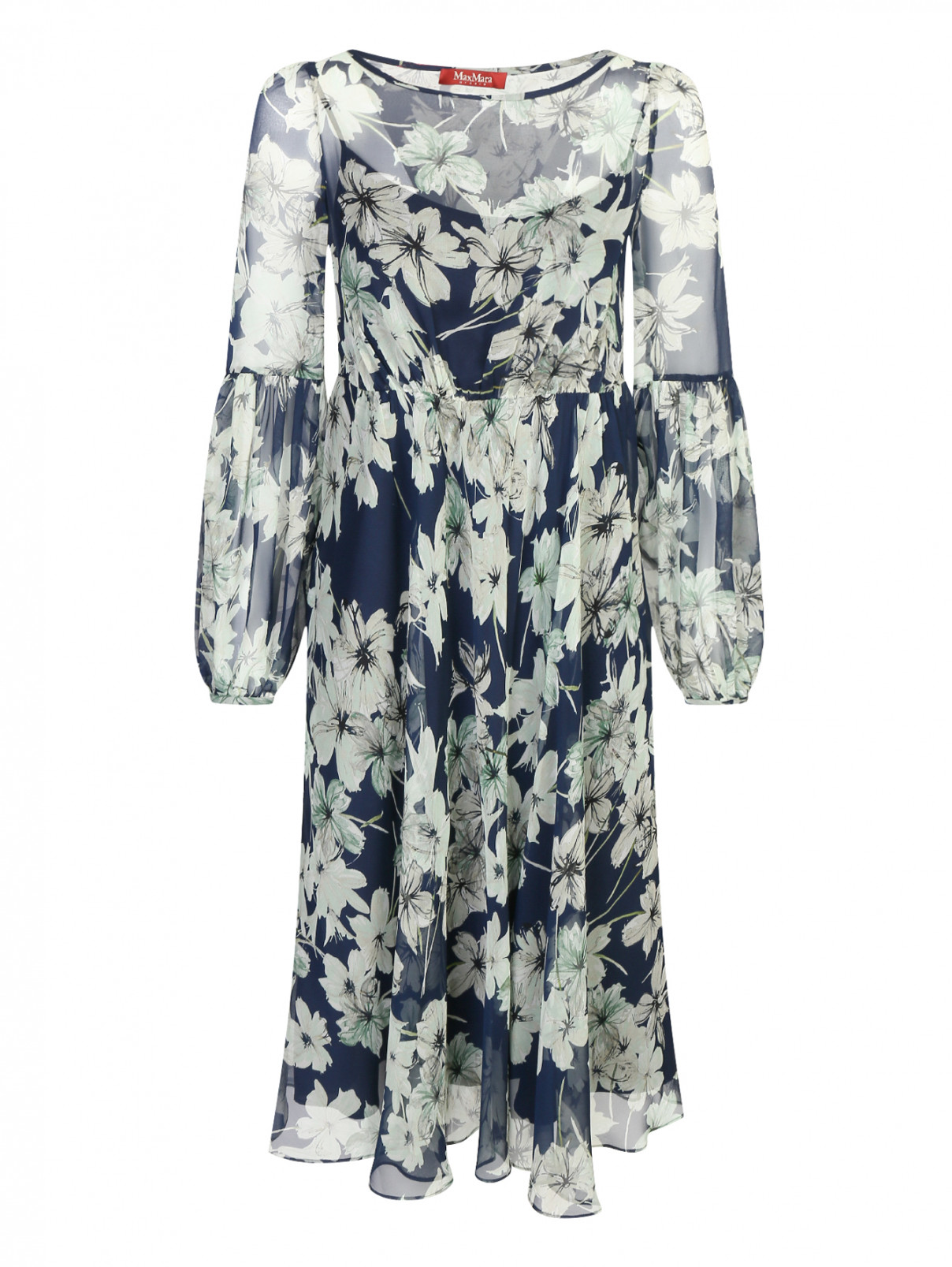 Платье из шелка с цветочным узором Max Mara  –  Общий вид  – Цвет:  Синий