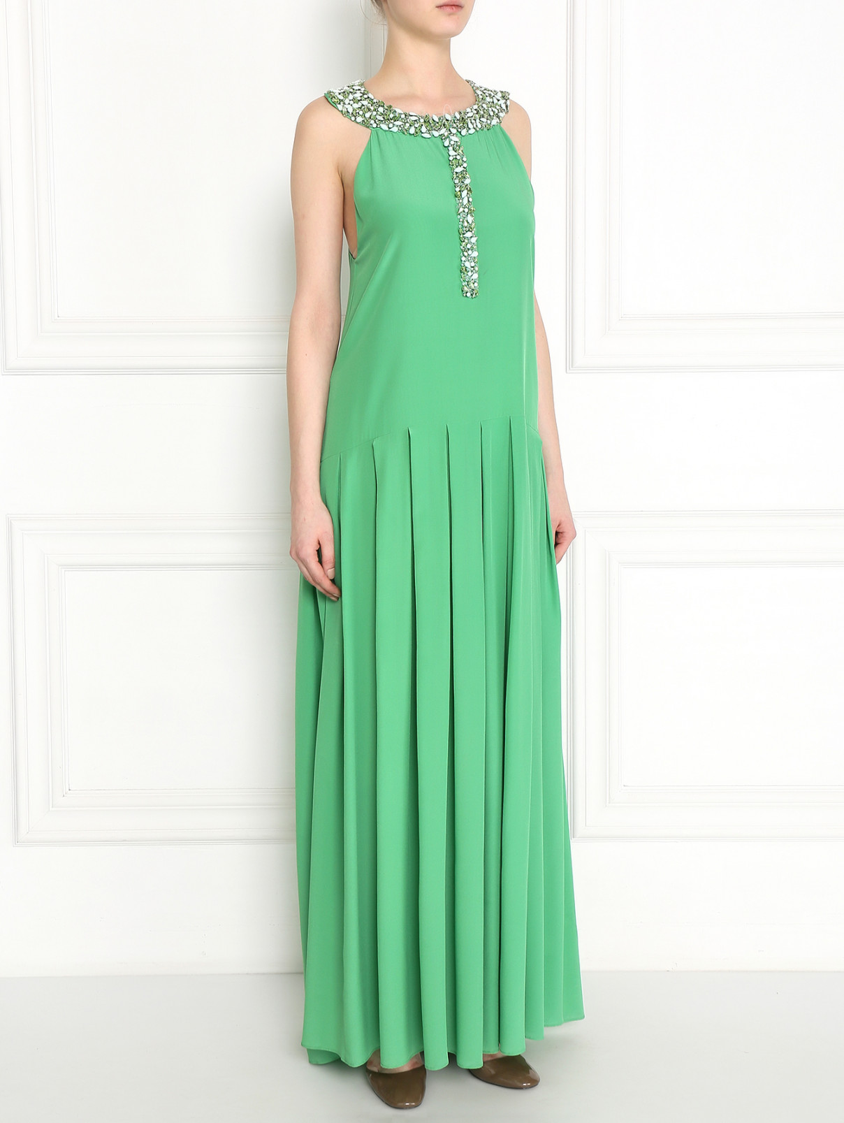 Платье-макси из шелка, декорированное кристаллами Ermanno Scervino  –  Модель Общий вид  – Цвет:  Зеленый