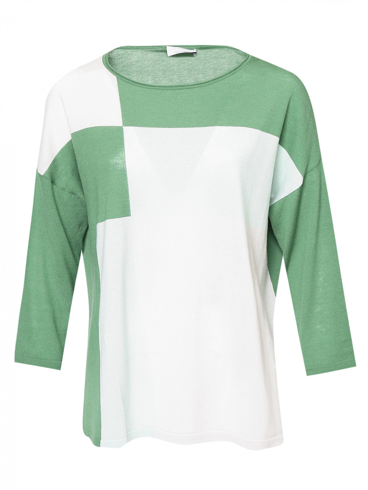 Джемпер из шерсти и кашемира в стиле колор блок Marina Rinaldi  –  Общий вид  – Цвет:  Зеленый
