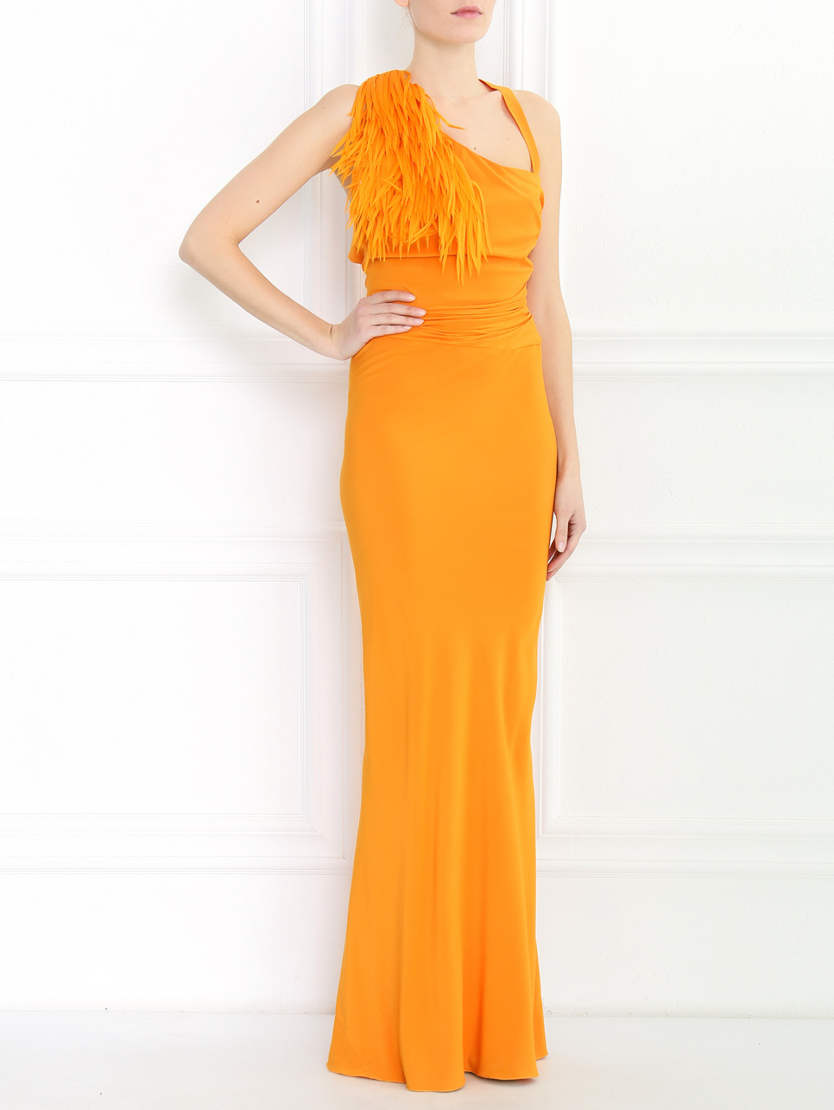 Платье-макси из шелка с драпировкой Ermanno Scervino  –  Модель Общий вид  – Цвет:  Оранжевый