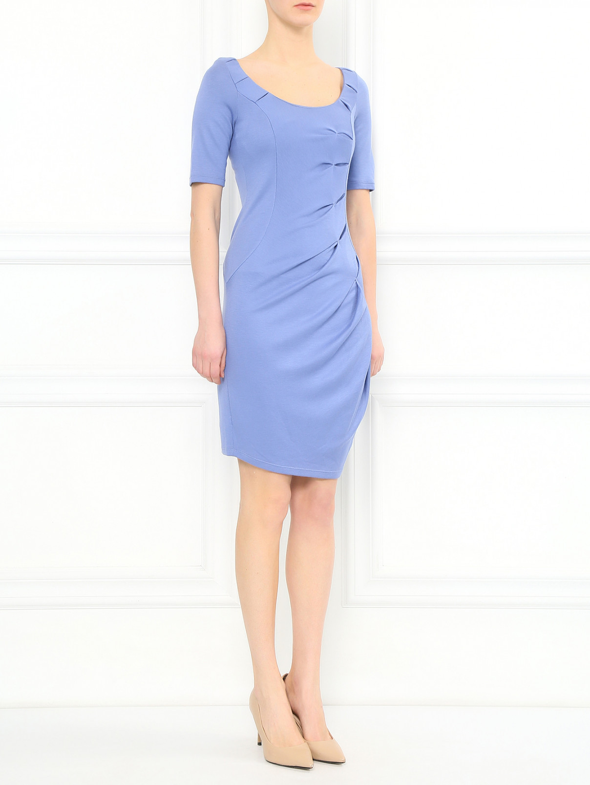 Платье-футляр из смешанной шерсти с драпировкой Emporio Armani  –  Модель Общий вид  – Цвет:  Синий