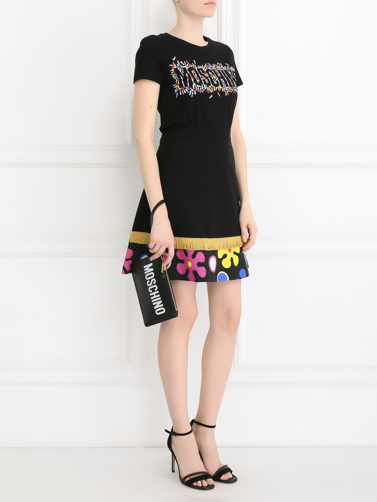 Юбка-мини из шелка с узором Moschino Couture  –  Модель Общий вид  – Цвет:  Черный