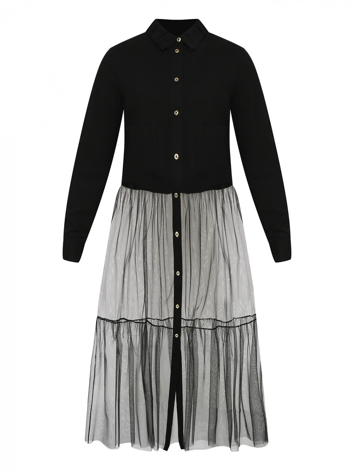 Платье-рубашка с юбкой из сетки MiMiSol  –  Общий вид  – Цвет:  Черный