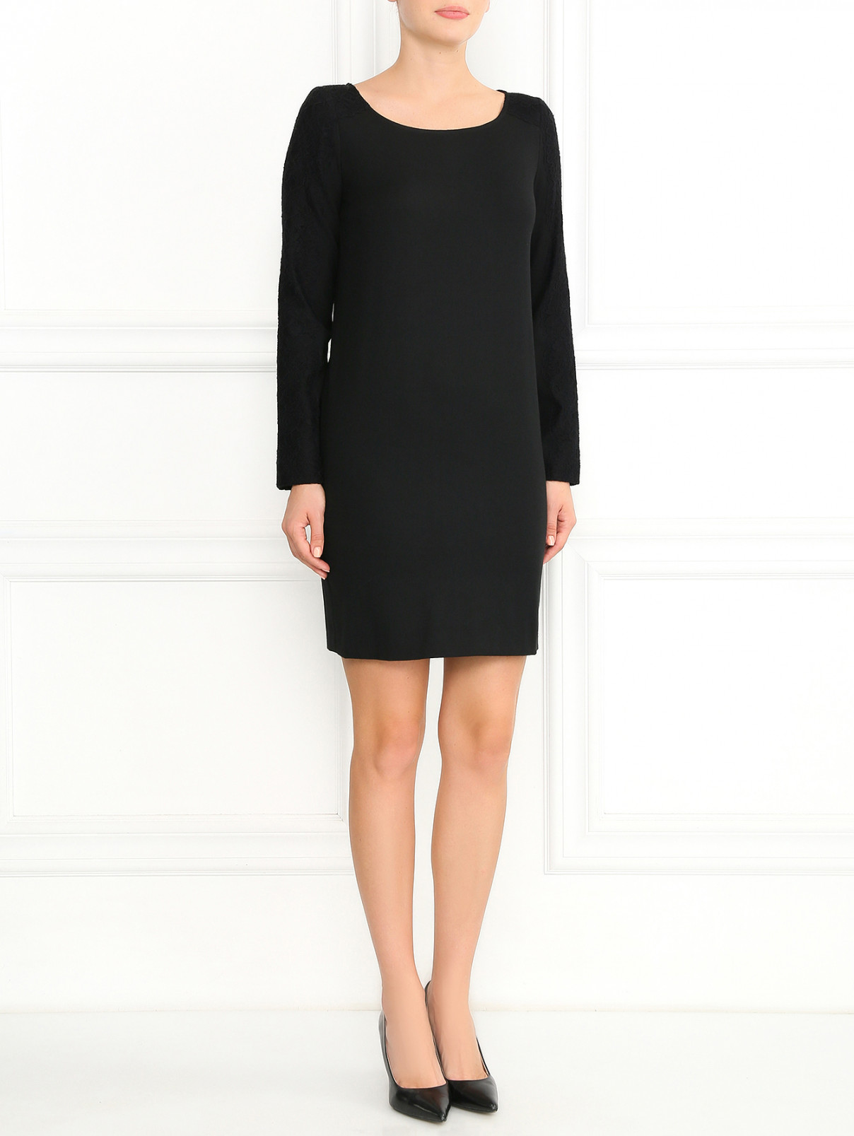 Платье из шерсти и хлопка с кружевной отделкой Love Moschino  –  Модель Общий вид  – Цвет:  Черный
