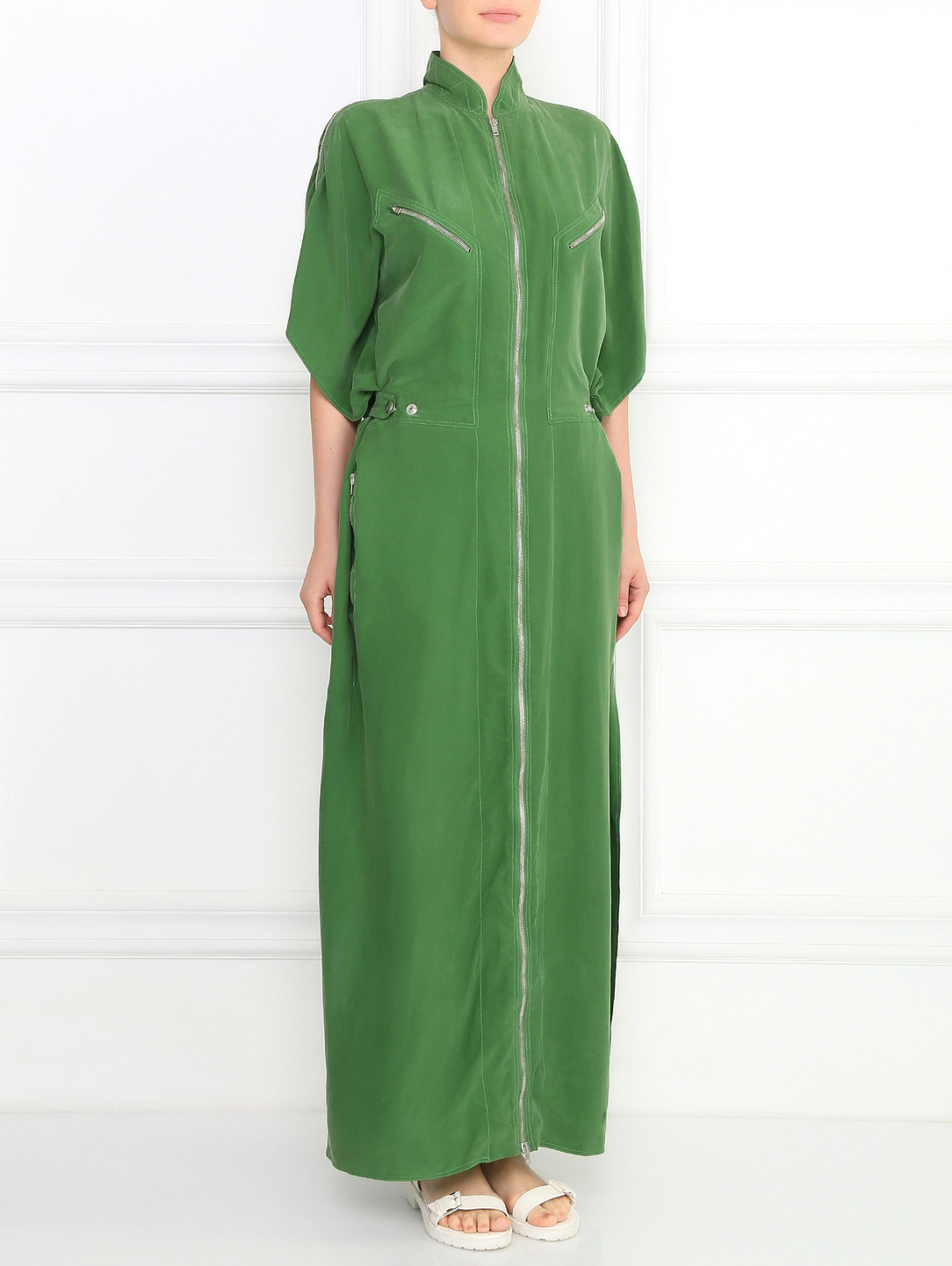 Платье-макси из шелка с рукавами "летучая мышь" декорированная молниями Jean Paul Gaultier  –  Модель Общий вид  – Цвет:  Зеленый