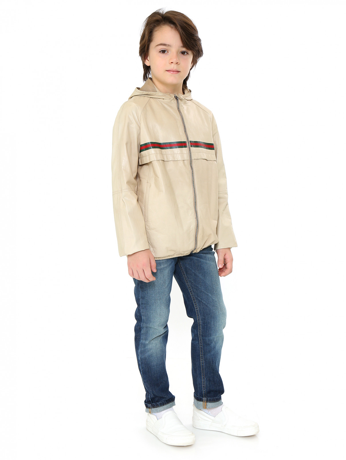 Куртка из кожи с капюшоном Gucci  –  Модель Общий вид  – Цвет:  Бежевый