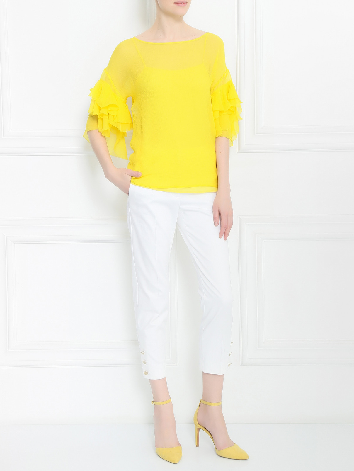 Блуза из шелка с воланами на рукавах Philosophy di Alberta Ferretti  –  Модель Общий вид  – Цвет:  Желтый