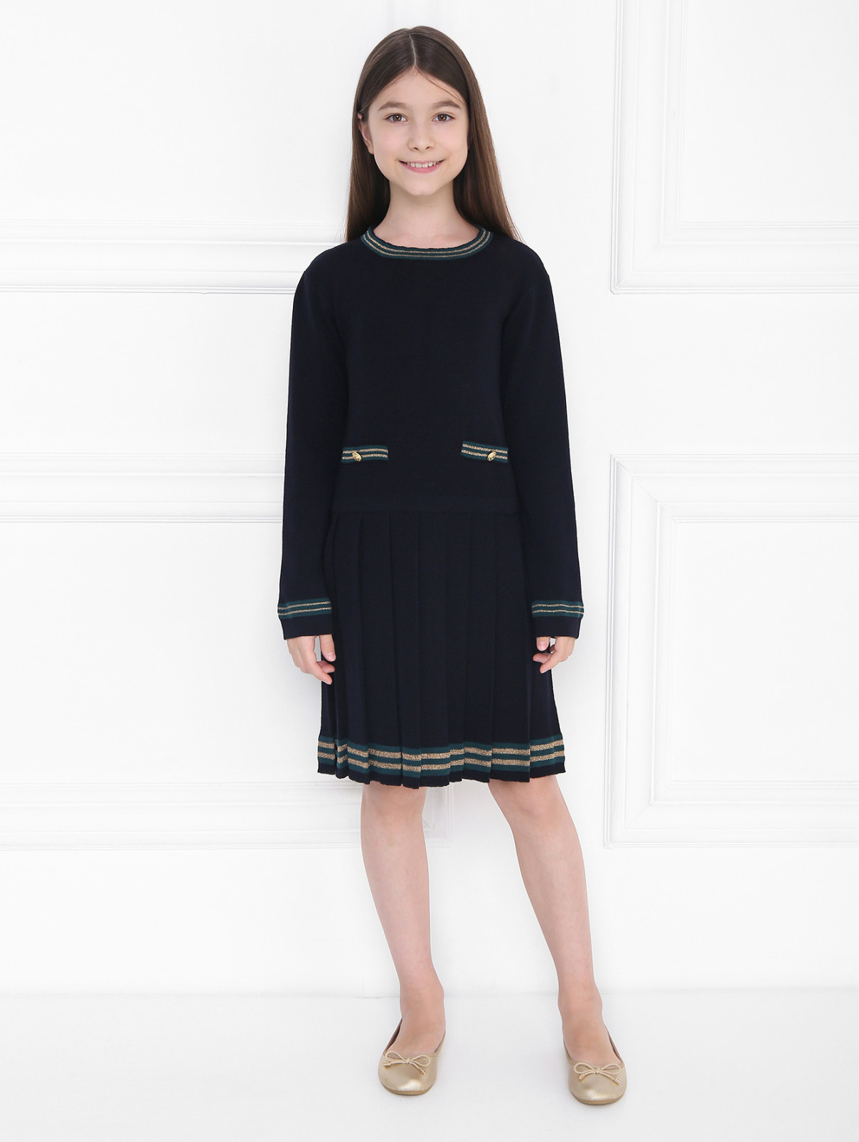 Платье из шерсти с декоративной отделкой Aletta Couture  –  МодельОбщийВид  – Цвет:  Синий