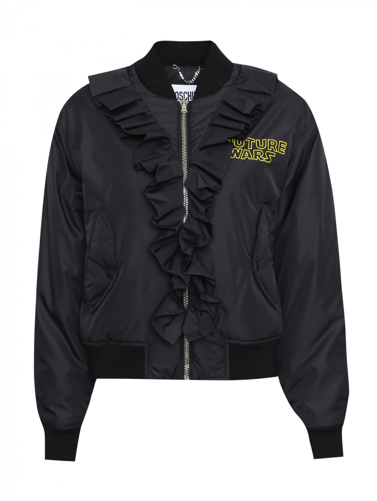 Куртка с оборкой и принтом на спине Moschino  –  Общий вид  – Цвет:  Черный