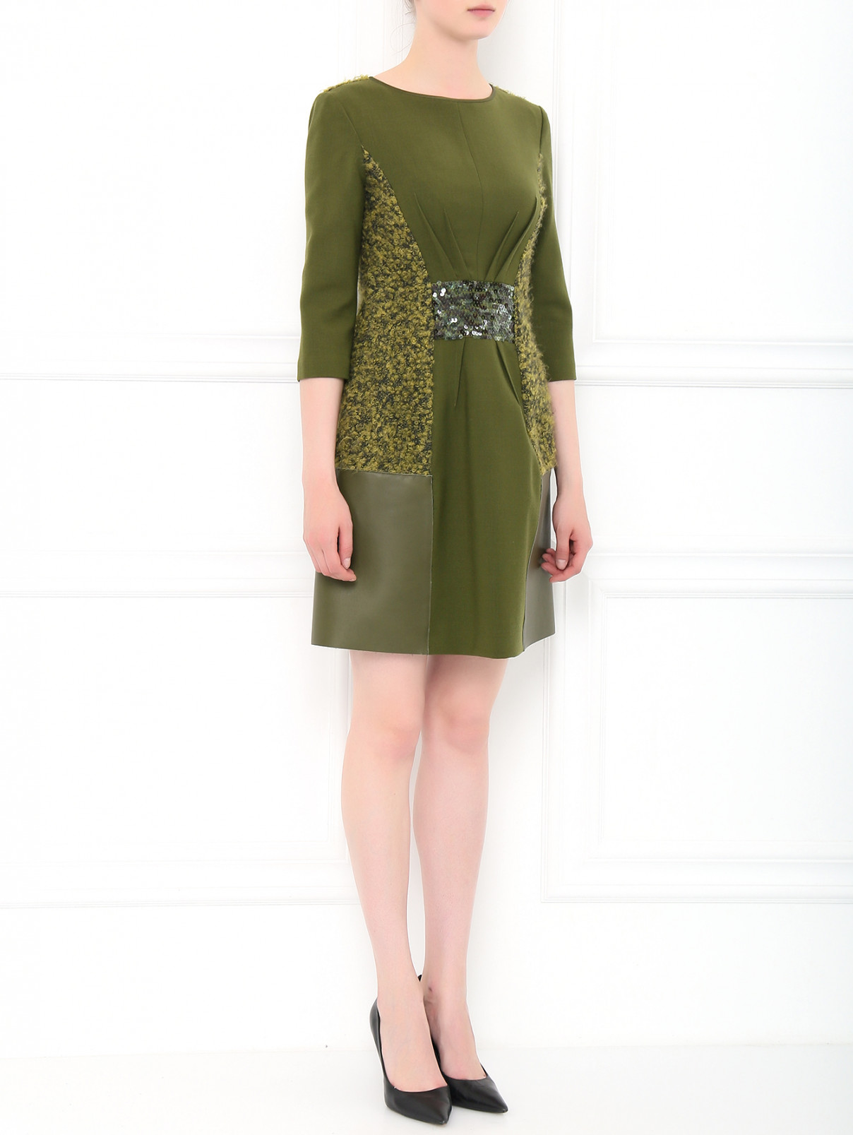 Платье из шерсти с боковыми карманами декорированное пайетками Alberta Ferretti  –  Модель Общий вид  – Цвет:  Зеленый