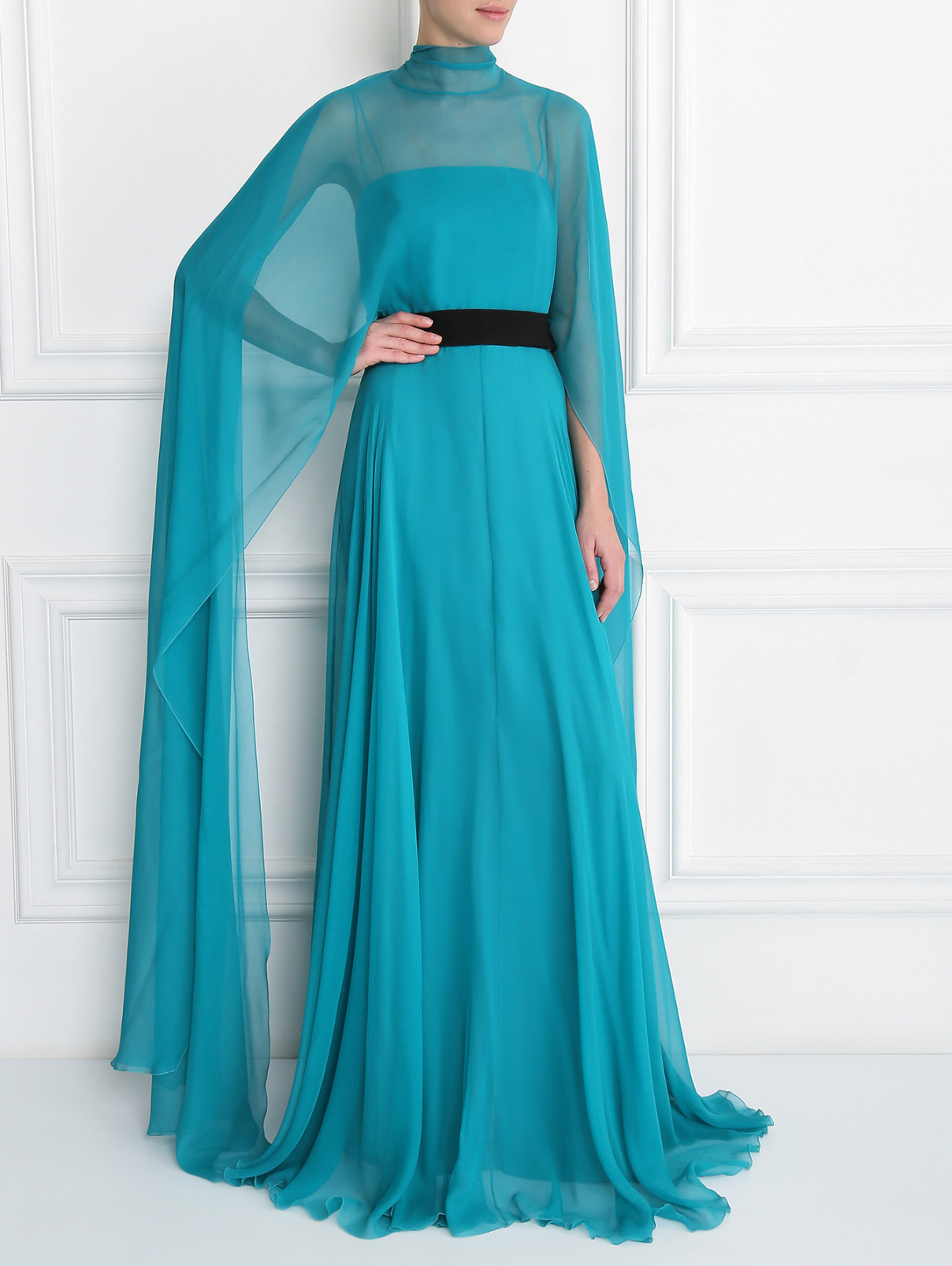 Платье-макси из шелка с контрастным поясом Alberta Ferretti  –  Модель Общий вид  – Цвет:  Синий