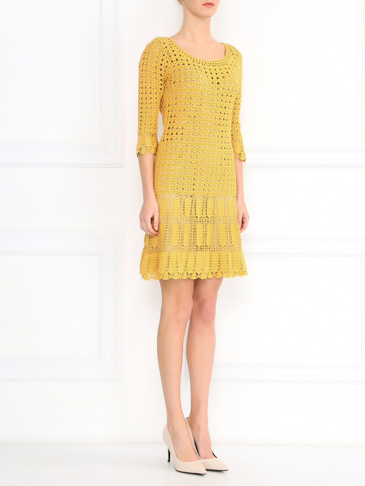 Трикотажное платье из хлопка фактурной вязки Alberta Ferretti  –  Модель Общий вид  – Цвет:  Желтый