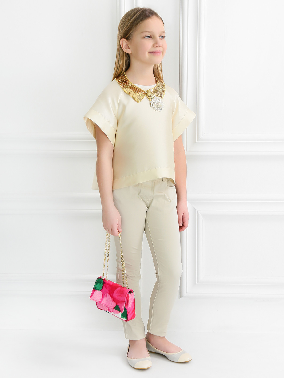 Блуза свободного кроя с воротничком из пайеток MiMiSol  –  Модель Общий вид  – Цвет:  Золотой