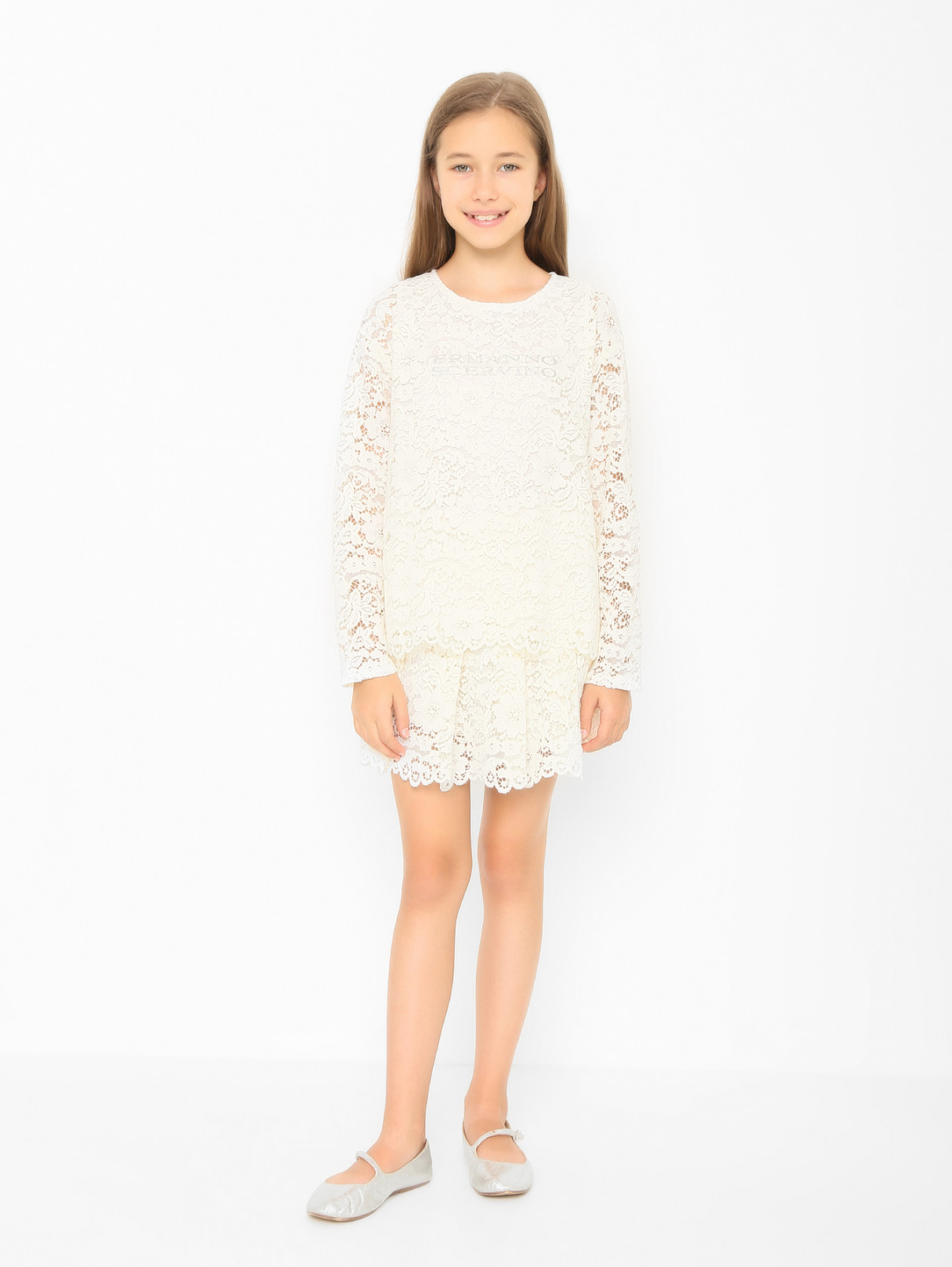 Блуза из кружева с логотипом Ermanno Scervino Junior  –  МодельОбщийВид  – Цвет:  Белый