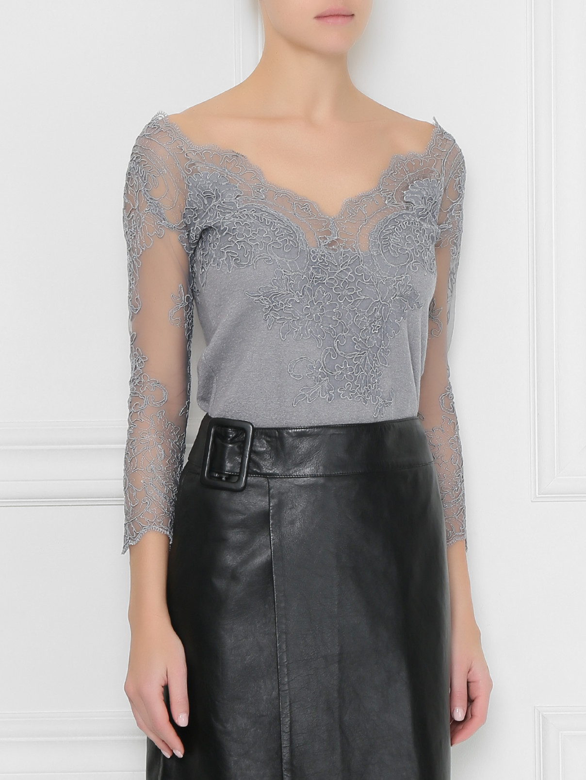 Джемпер из шерсти и шелка с кружевом Ermanno Scervino  –  МодельВерхНиз  – Цвет:  Серый