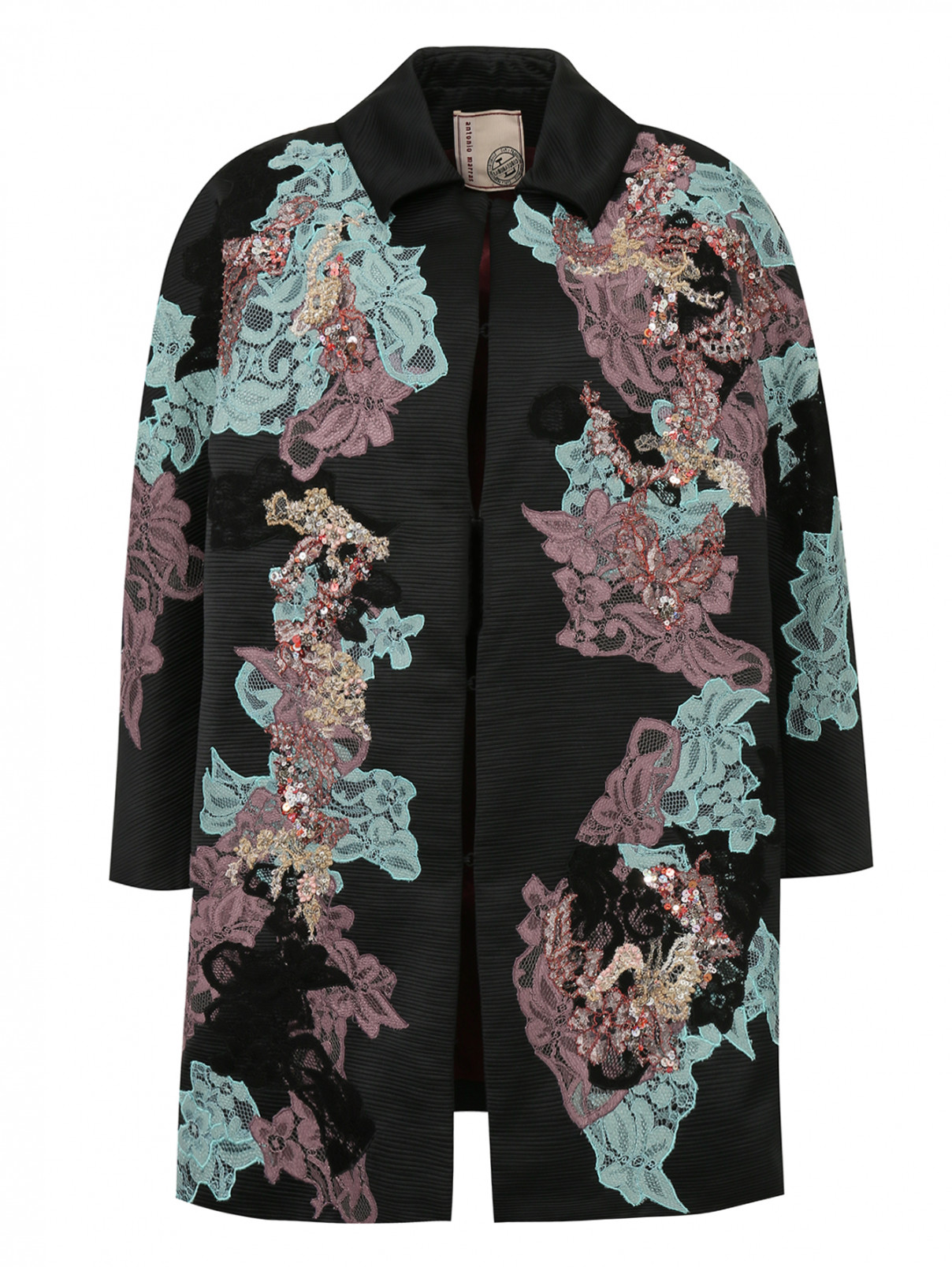 Однобортное пальто декорированное кружевом и пайетками Antonio Marras  –  Общий вид  – Цвет:  Черный