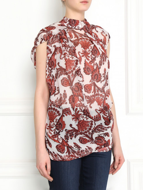 Блуза из шелка с цветочным узором и драпировкой - Модель Верх-Низ