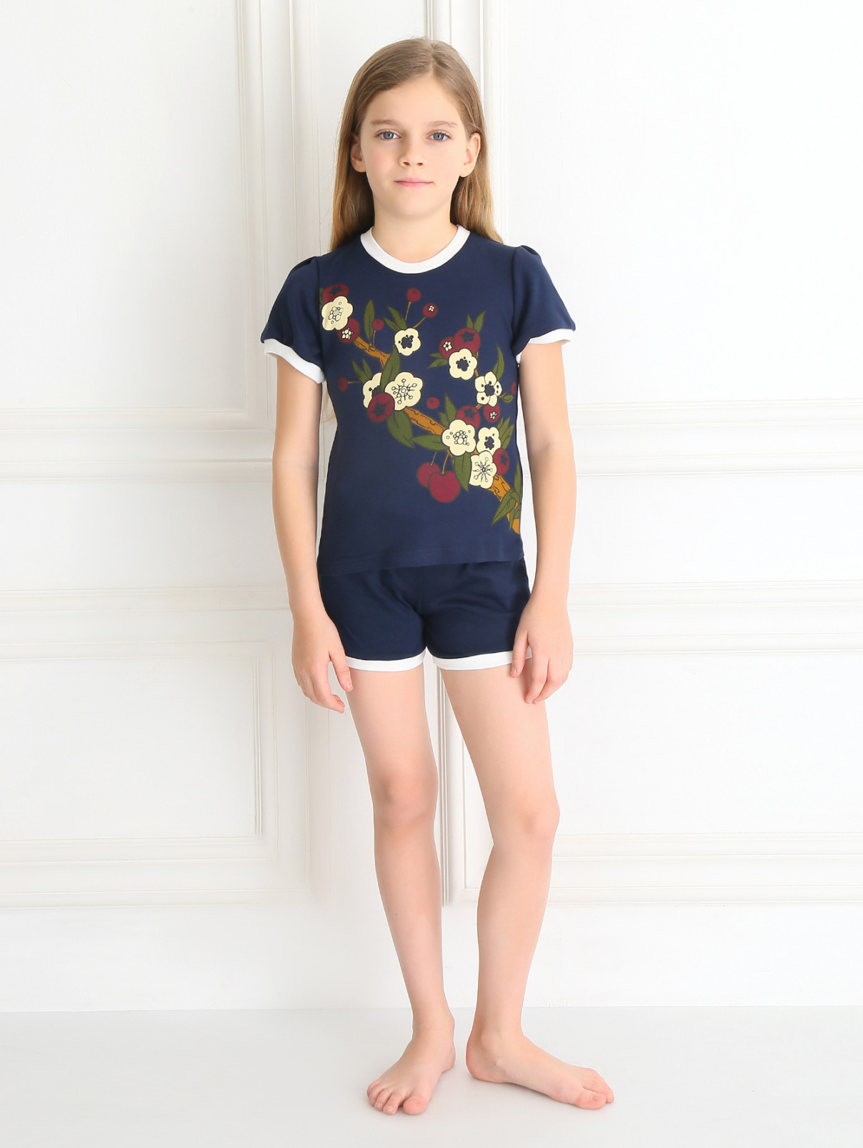 Хлопковая пижама с цветочным принтом BOSCO  –  Модель Общий вид  – Цвет:  Синий