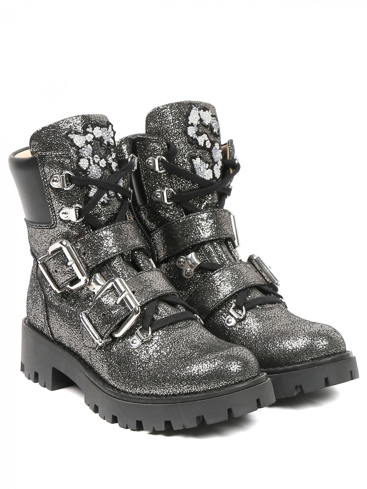 Ботинки из кожи с металлической фурнитурой Ermanno Scervino Junior  –  Общий вид  – Цвет:  Серый