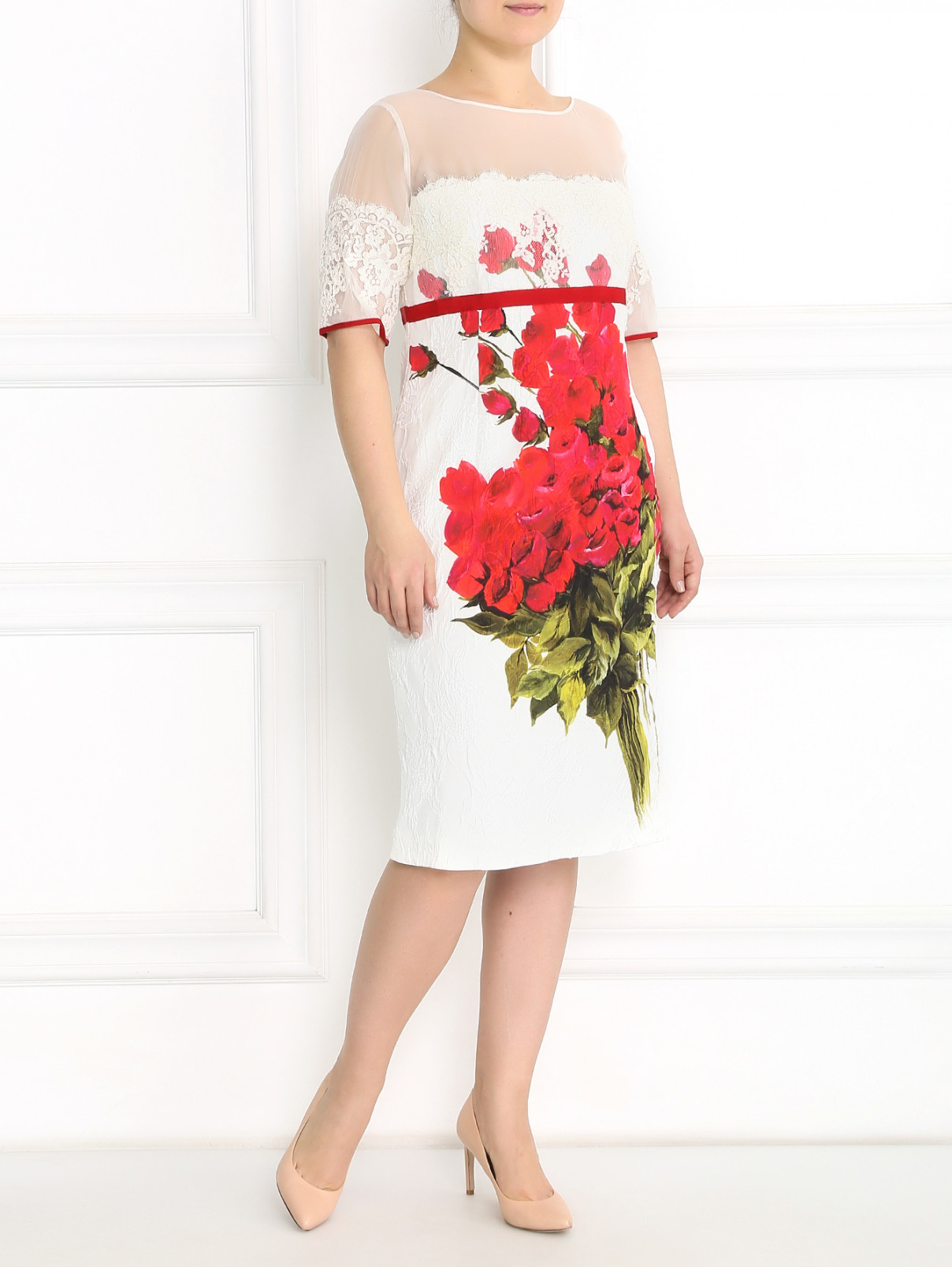 Платье с кружевными вставками и цветочным принтом Marina Rinaldi  –  Модель Общий вид  – Цвет:  Белый