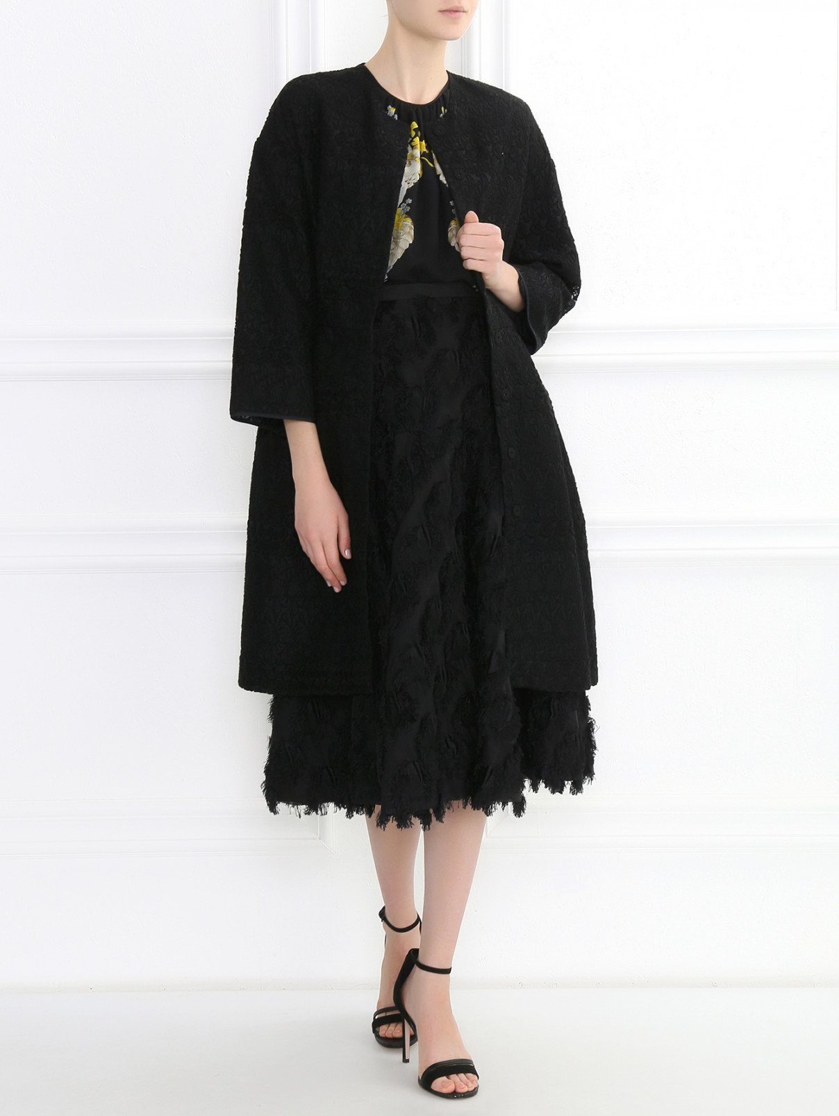 Легкое пальто из смесового хлопка с цветочным узором Giambattista Valli  –  Модель Общий вид  – Цвет:  Черный
