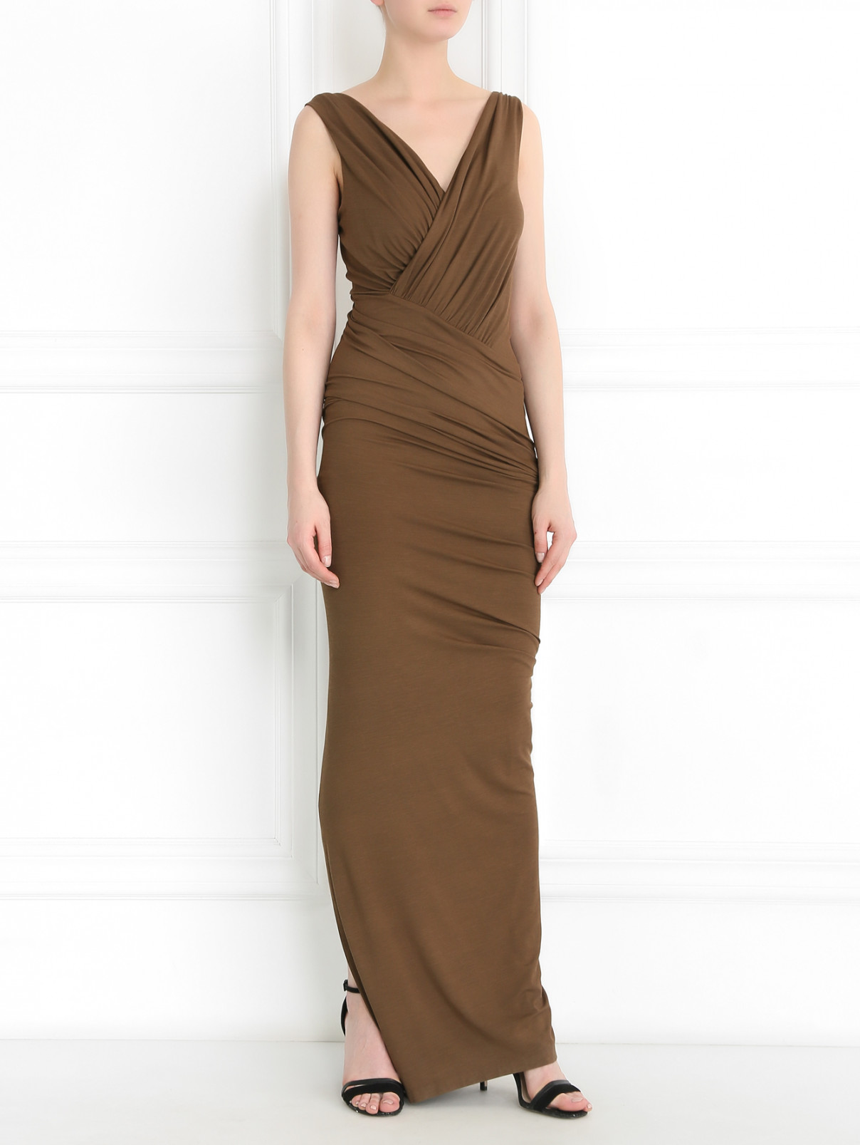Платье-макси с драпировкой Donna Karan  –  Модель Общий вид  – Цвет:  Коричневый