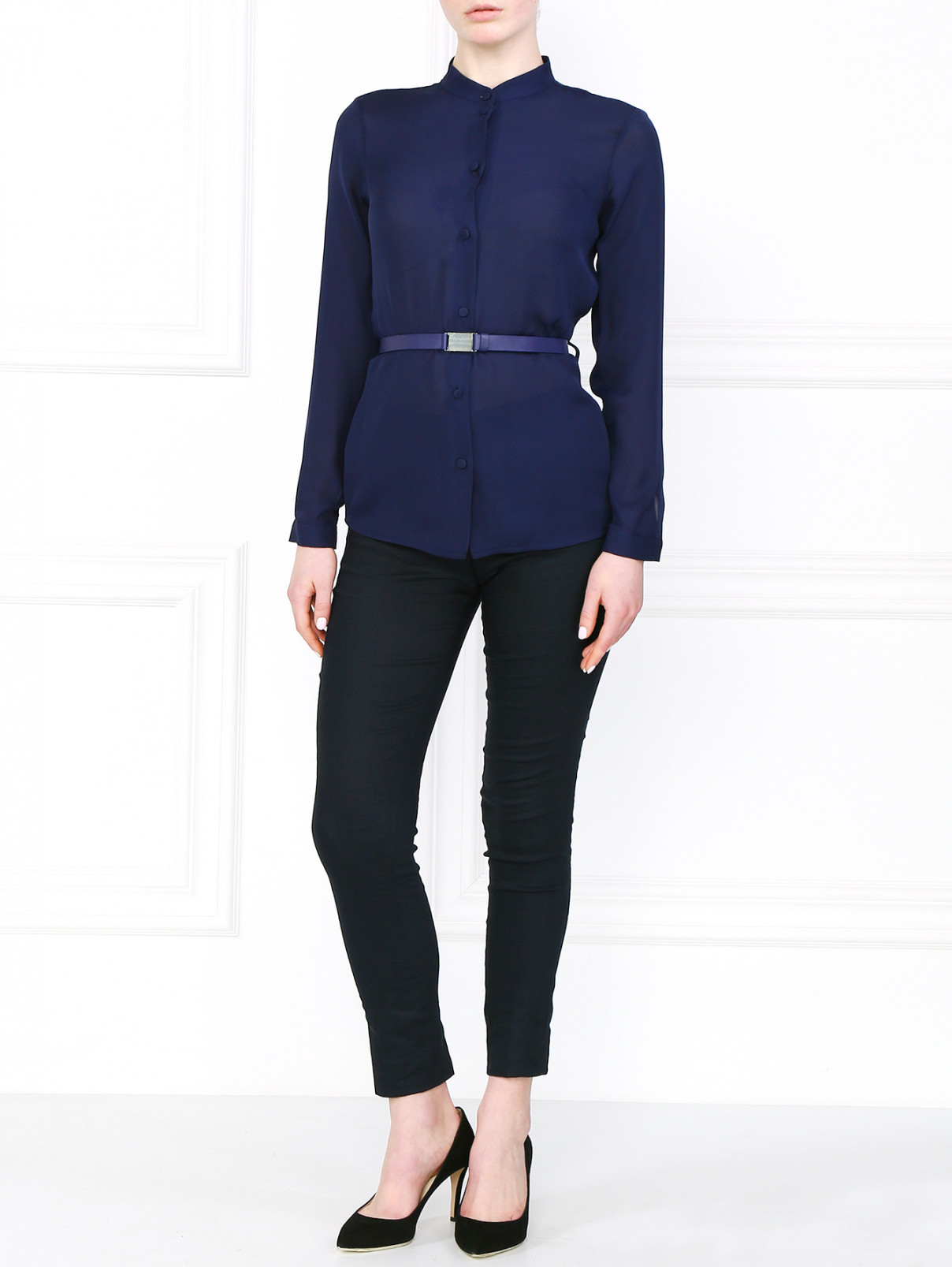 Блуза из шелка с ремнем Emporio Armani  –  Модель Общий вид  – Цвет:  Синий