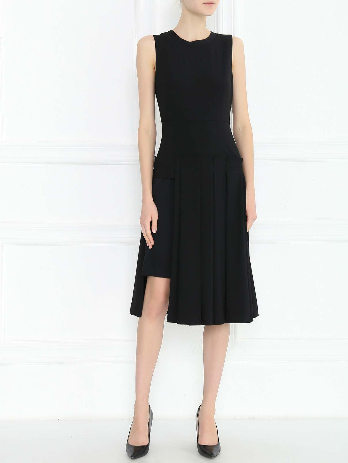 Платье-миди со складками и контрастной отделкой DKNY  –  Модель Общий вид  – Цвет:  Черный