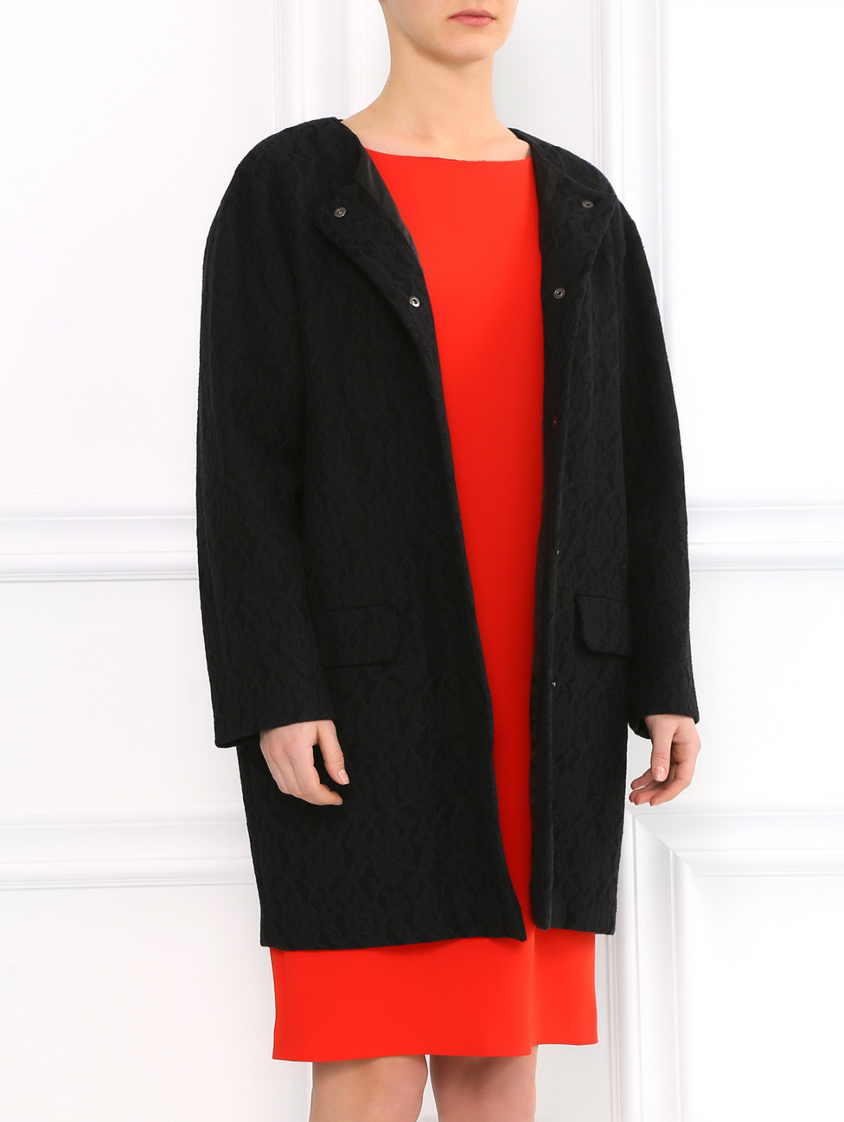 Пальто декорированное кружевом Moschino Boutique  –  Модель Верх-Низ  – Цвет:  Черный